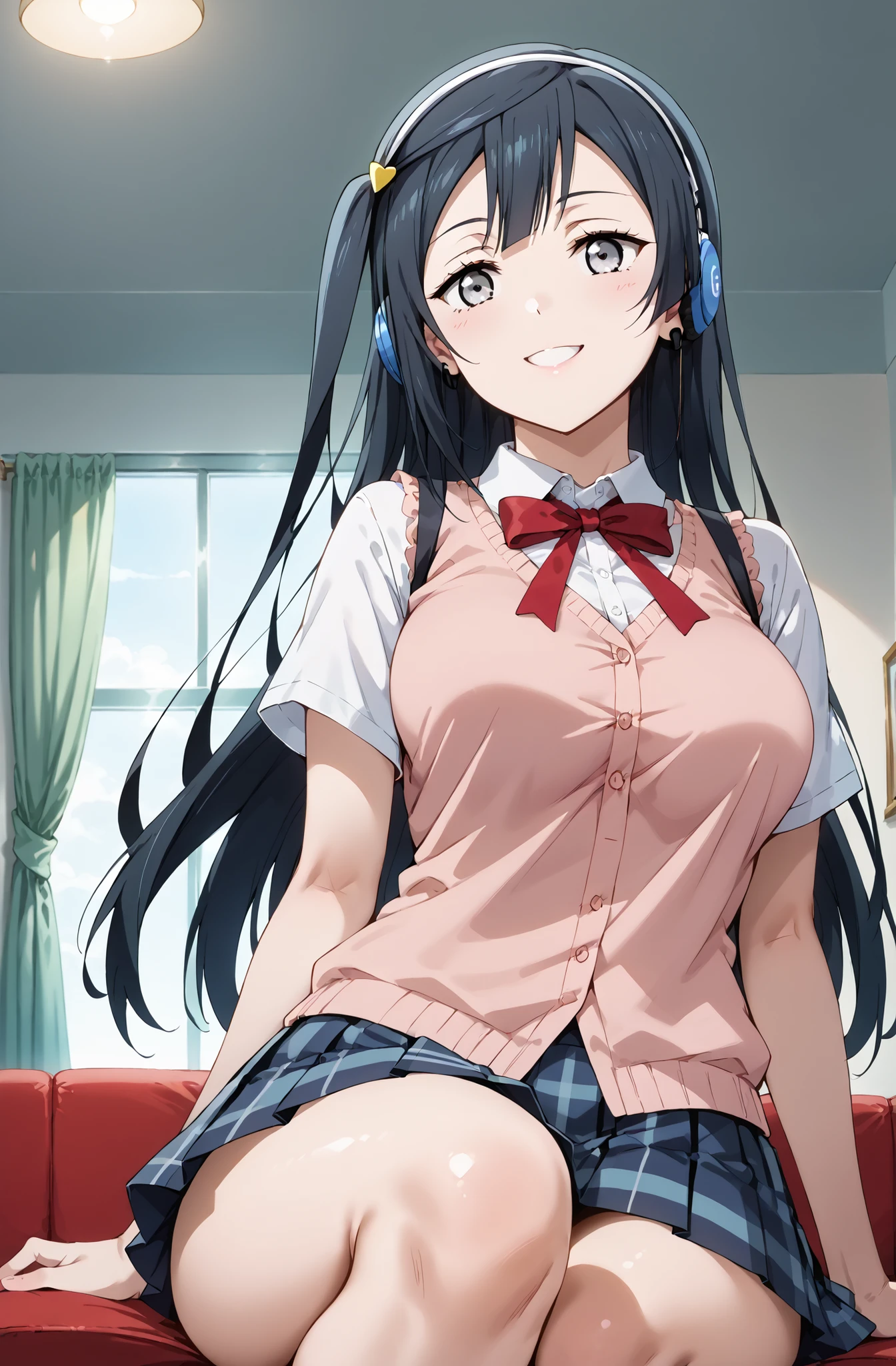 score_9, score_8_up, score_7_up, source_anime, 4K,perfect fingers,(perfect hands, perfect anatomy),prefect lighting, very aesthetic, intricate details,highly detailed background, masterpiece, high quality, best quality,
1girl, setsuna yuuki, yuuki setsuna (love live!), long hair, bangs, black hair, sidelocks, grey eyes, one side up, hair ornament, Large Breast,,
wearing ((large over-ear headphones, white blouse and a light summer knit vest on top, checkered pleated skirt, )),,
a girl listening to music, sitting on a sofa in her room, crossing legs, smiling gently with half-open eyes. Cozy atmosphere, soft lighting, casual indoor, angled view, from below, ((A sagging breast:1.2)),