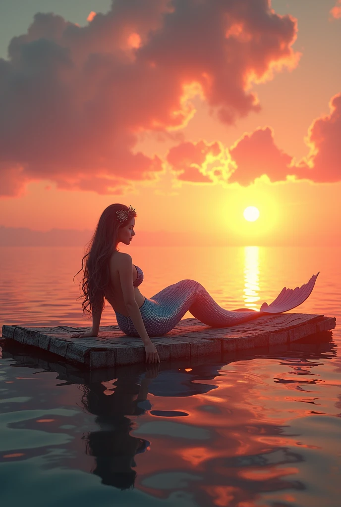mermaid sitting on a rock in the middle of the sea holding a candle with the sunset in the background