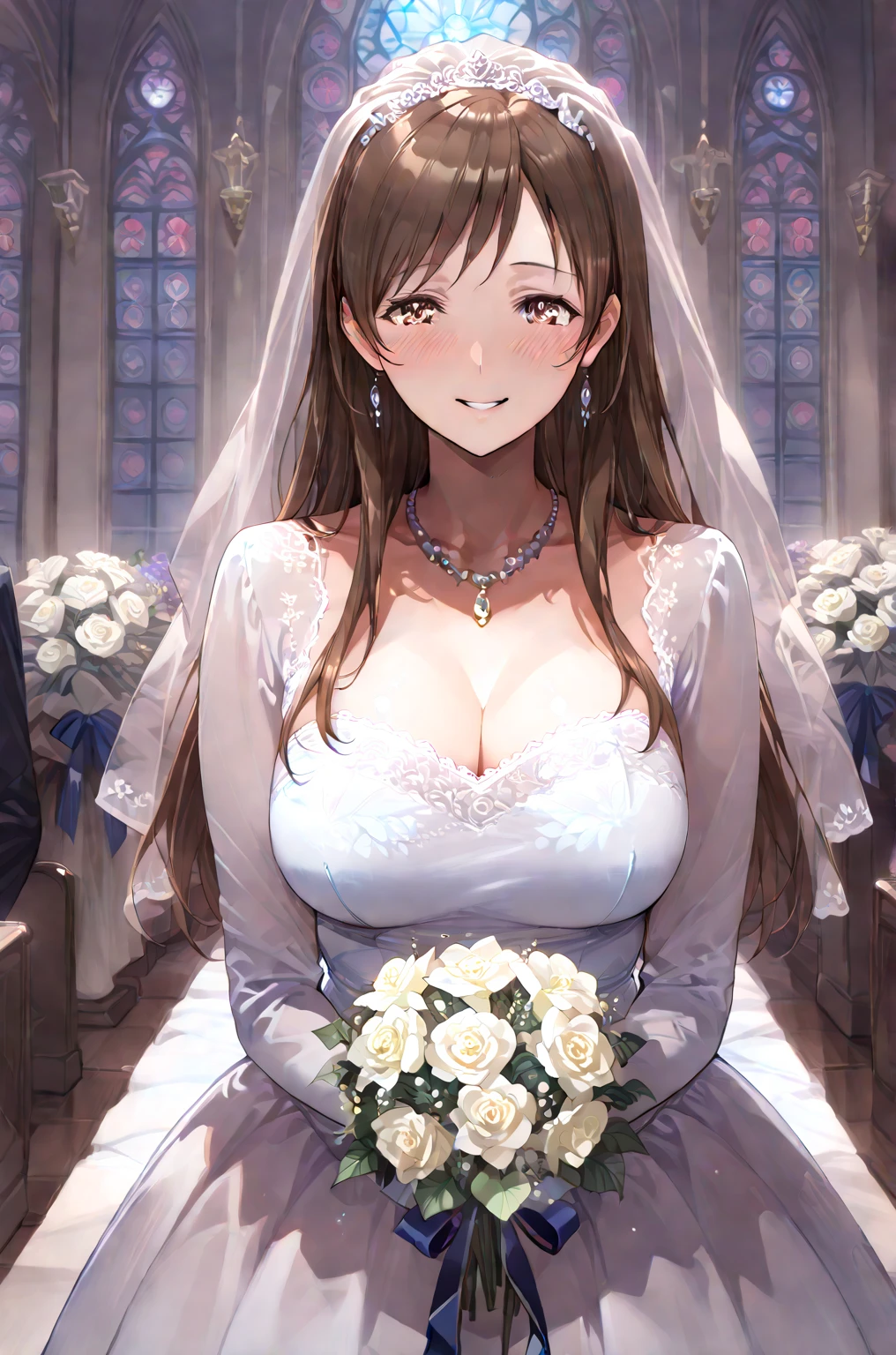 (((Pixel perfect, Perfect details))), alone, 1 girl, Shibuya Kanon, 
1 girl, 20 years old,young women,Close-up of beautiful bride wearing beautiful bridal dress,Guwitz,（Transparent short veil：1.5），Blushed，Head flower，headgear，（bandeau wedding dress：1.5），（Silk dress：1.2）,（Strapless wedding dress：1.5）,pure white dress，necklace，earrings，(large breasts:1.3)，Deep V peach heart collar wedding dress，through bangs，lipstick，（elbowgloves：1.3),