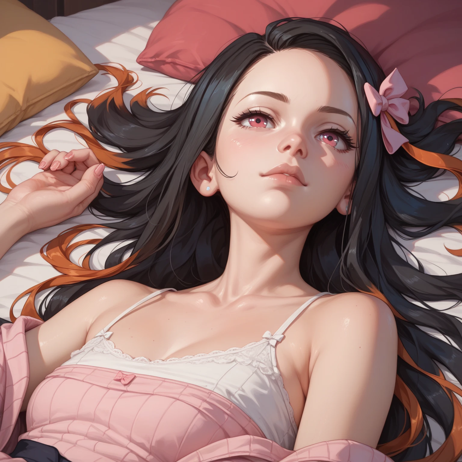 Long hair, black hair, butterfly tattoo on chest, fair skin, lying in bed, soft light, soft quality