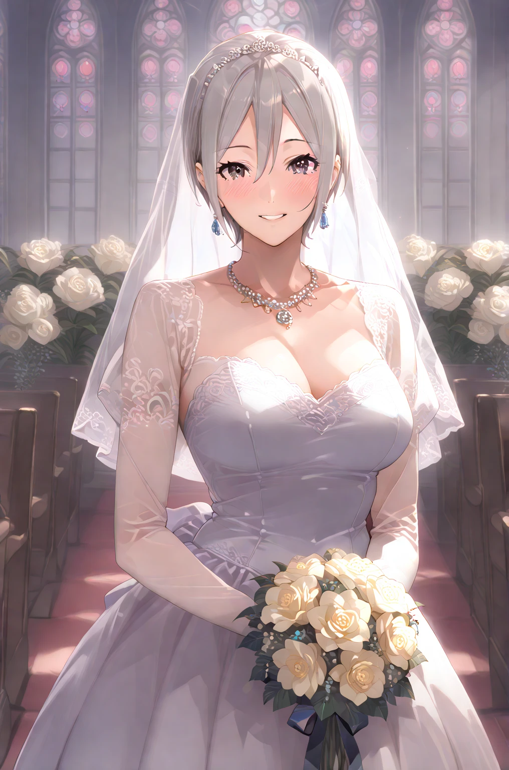 Girl with huge breasts wearing a bra and a wedding dress with a lace neckline with a veil and a bouquet in a Japanese courtyard