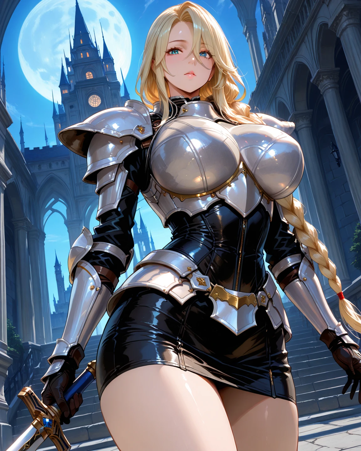 full body, (( photorealistic )), high resolution, 1 women, solo, hips up, look at viewer, (detailed face), medium breast, bikini knight armor , (( dynamic laying pose )) .(( Blonde twintail hair  ))