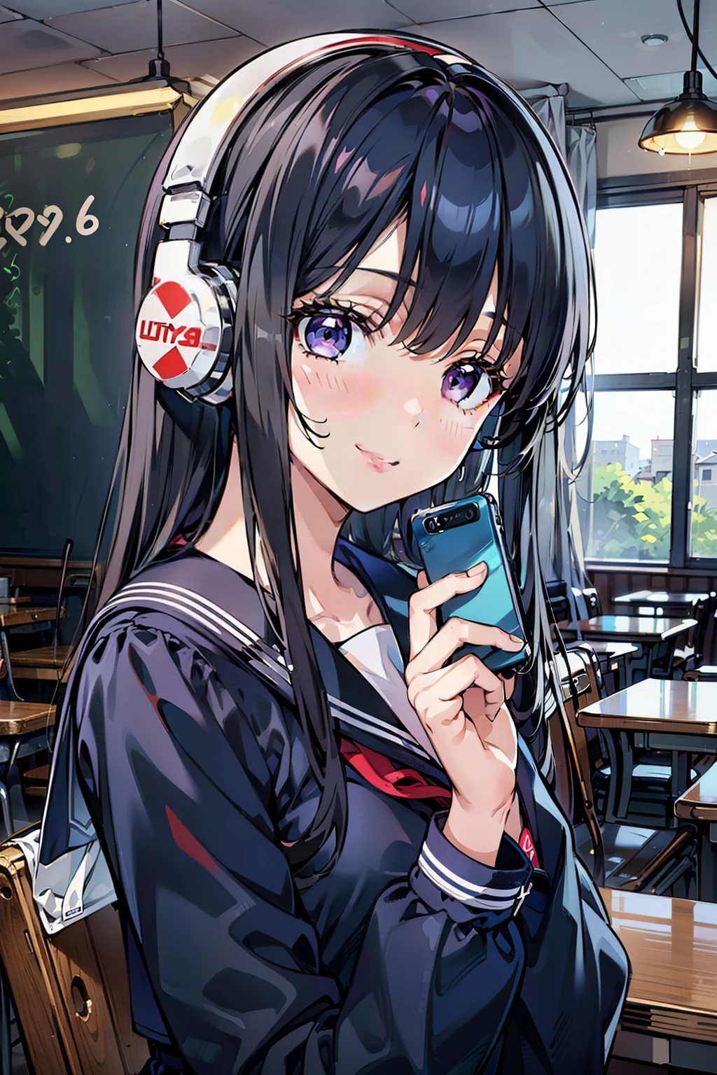 (one woman:1.4), 8-head body, 8k, Top quality, masterpiece, super details, ultra high definition, realistic, RAW photo , absolute resolution, dark haired, (High school girl in a dark blue sailor suit:1.4), animated 2D rendering, realistic若いアニメの女子高生, purple eyes, Small Breasts, tall, hanging eyes, (cafe scene), bright color, long straight hair, Smiling, (Listening to music with white headphones:1.4), ( holding a smartphone in his hand:1.4), 