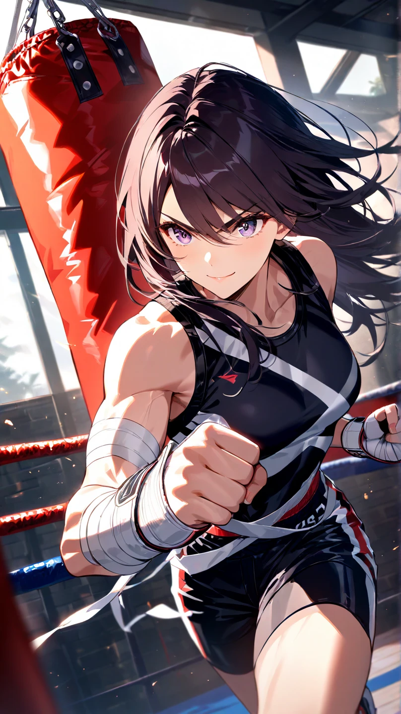 ((((Kickboxer Red attire、Flying knee kick Breaking Glass)))) (((pants、Sweat Bright red eyes Black Hair Long Hair Tie your hair back))) ((Black background)) Shining Edges Shining Background