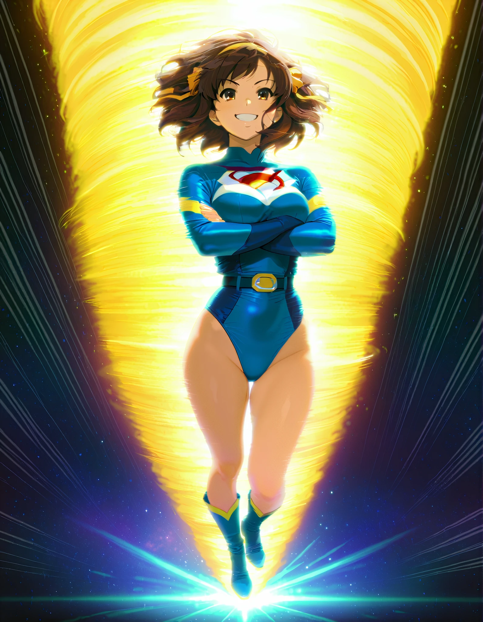 masterpiece, best quality, highres, 1girl, solo, superhero, leotard, blue and white leotard, bare legs, brown hair, short hair, brown eyes, hairband, medium hair, ribbon, boots, matching boots, blue boots, medium breasts, cowboy shot, smile, sky backdrop, haruhi suzumiya, kyoani haruhi style, sleeveless, flying, flying pose. looking at viewer,