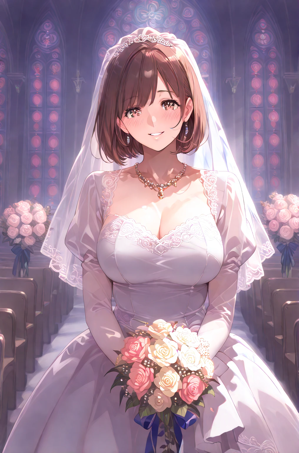 1 (bride) with (short brown hair) and (blue eye) and (medical eyepatch:1.1) and (huge bursting breasts:1.0) (standing inside church and holding flower:1.0) wearing (white frilled see-through wedding dress:1.3), (short hair:1.2)
{{masterpiece}}, {best quality, super fine illustration}, dense hair, beautiful eyes,{very delicate light, perfect and delicate limbs}, { fine luminescence ,very fine 8K CG wallpaper}, an extremely delicate and beautiful girl, (staring blankly, lovely big eyes), beautiful detailed eyes, (absurdres, incredibly absurdres, illustration, ultra-detailed),
solo, high quality, CG, wallpaper, anime girl, detailed hair, (very detailed hair), (beautiful eyes),
1 (bride) with (short brown hair:1) and (blue eye:1) and (medical eyepatch:1.1) (standing inside detailed church:1.0) wearing (white frilled see-through wedding dress:1.5), (standing inside detailed church and holding flower:1.4), (bare legs:1.3), (breast focus:1.4), (bare shoulder and collarbone:1.1)