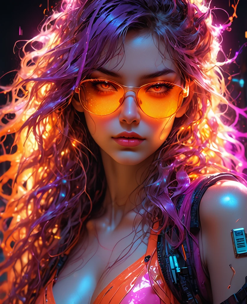 Tabletop, A dystopian city with neon signs and holograms projected onto the buildings and sky, Slim beautiful woman, Surrounded by neon-lit streets, Written boundary depth, Beautiful woman with slim figure, Tight Clothes Holographic, Healthy girl, Strong lighting in bodysuit, Hourglass Shape, High contrast clothing, Holographic clothing, (Walking towards the camera), (Look into the viewer's eyes), lipstick, Yellow Virtual Reality Glasses, Long red straight hair, night, Cyberpunk aesthetic, Highly detailed lighting, dramatic, In 8K, High detail, Skin Texture, Realistic Skin texture, armor, highest quality, High resolution, Photorealistic, Cocktail, Whole cake with fireworks stuck in it,