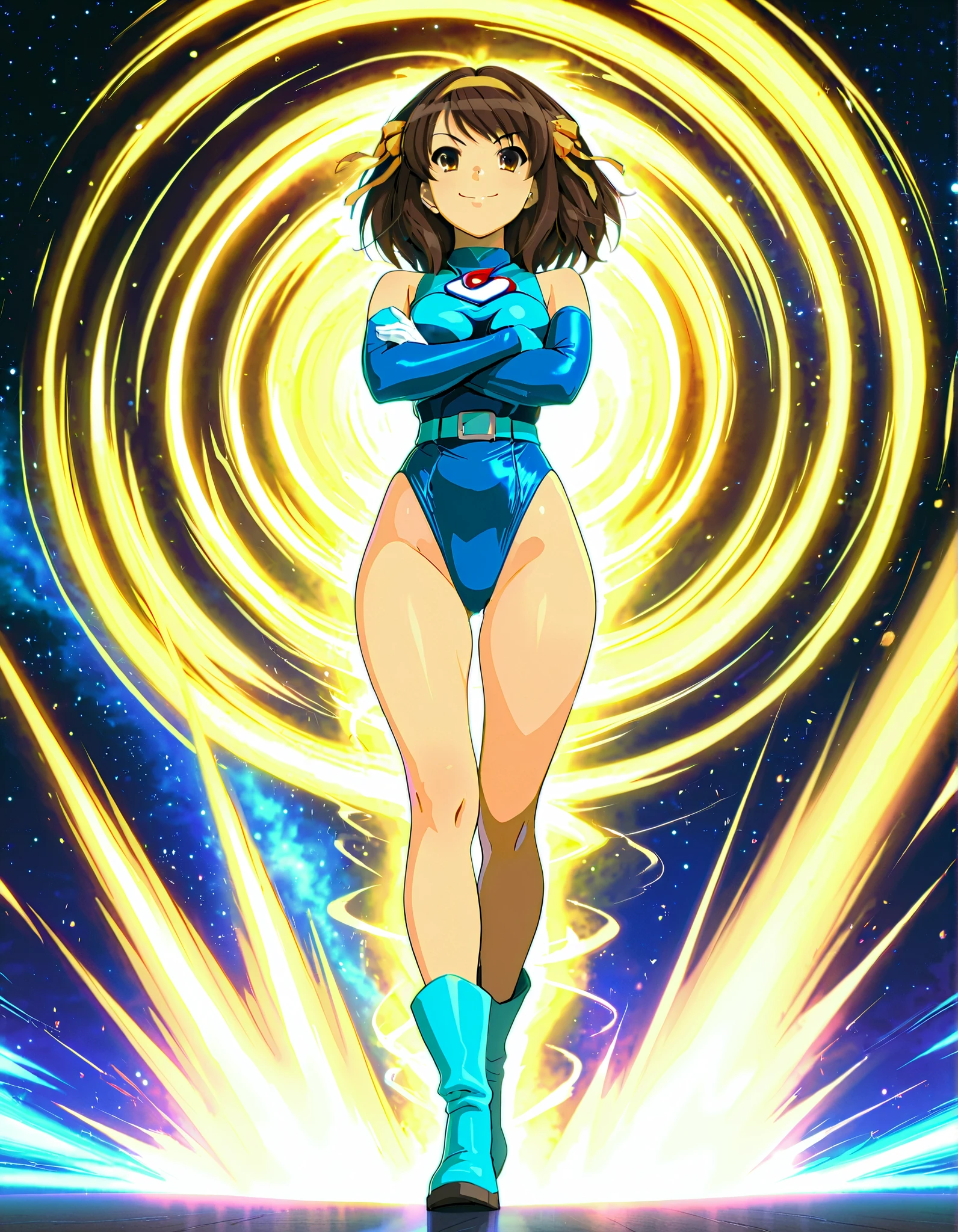 masterpiece, best quality, highres, 1girl, solo, superhero, leotard, blue and white leotard, bare legs, brown hair, short hair, brown eyes, hairband, medium hair, ribbon, boots, matching boots, blue boots, medium breasts, cowboy shot, standing, smile, city backdrop, haruhi suzumiya, kyoani haruhi style, sleeveless, blue sparkles, light particles,