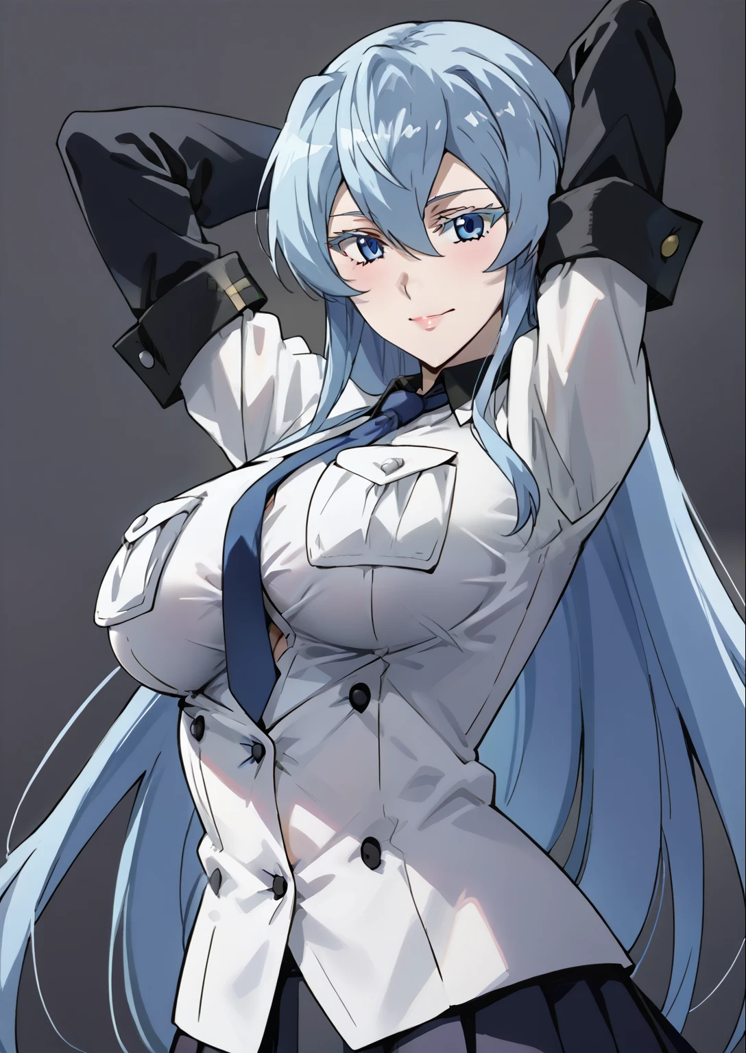 score_9, score_8_up, score_7_up, source_anime, 4K,perfect fingers,(perfect hands, perfect anatomy),prefect lighting, very aesthetic, intricate details,highly detailed background, masterpiece, high quality, best quality,
esdeath, blue eyes, blue hair, long hair, smile, eyelashes, ((Large Breast:1.5)),
wearing ((school uniform, tie, black socks, black shoes, short pleated skirt, button-up top, )),,
((Dark gray background:1.4)), ((front look:1.5)), ((arms behind head:1.5)),