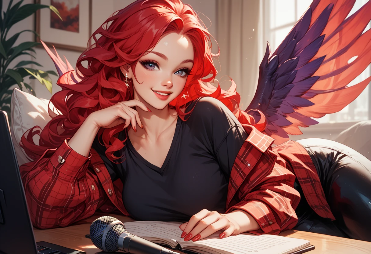 a beautiful red-haired woman with beautiful curves and long red hair wavy at the ends wearing a black t-shirt and an unbuttoned red plaid flannel talking smiling with a purple microphone with wings on the sides in front of her she has one hand resting on her chin