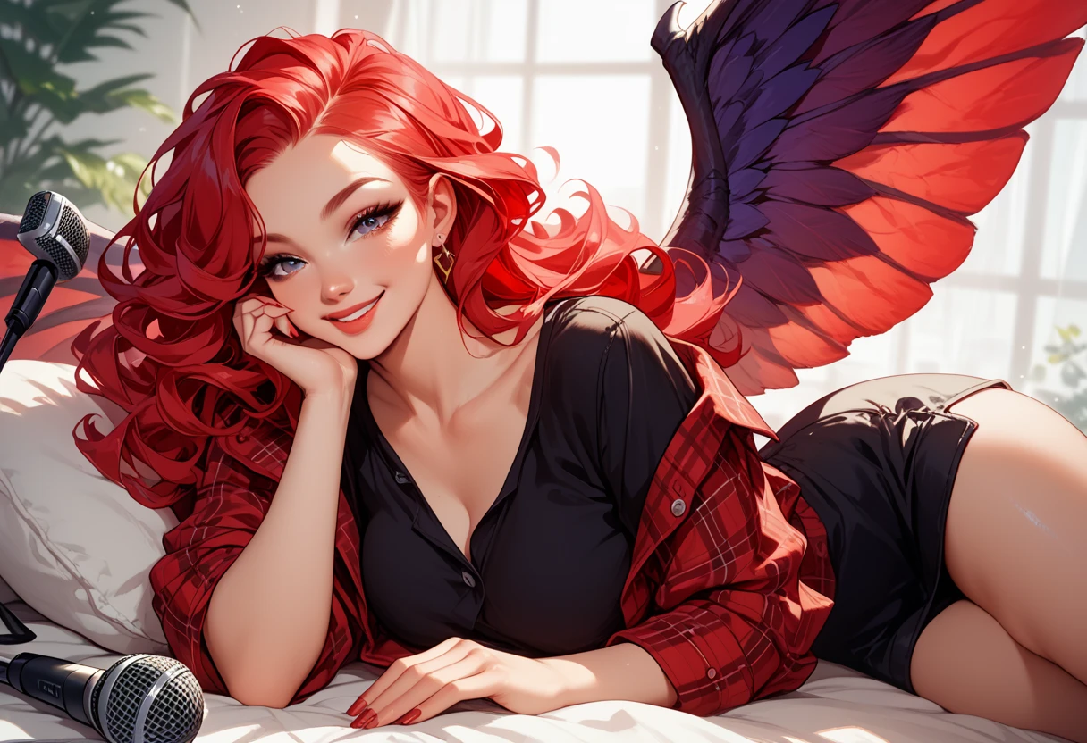 a beautiful red-haired woman with beautiful curves and long red hair wavy at the ends wearing a black t-shirt and an unbuttoned red plaid flannel talking smiling with a purple microphone with wings on the sides in front of her she has one hand resting on her chin