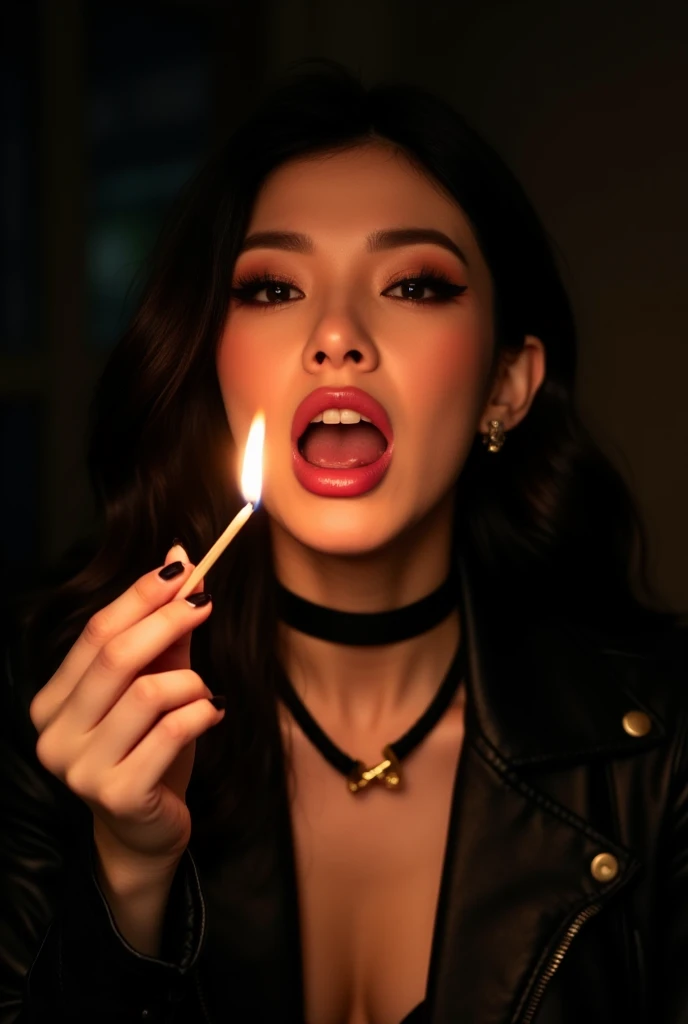 There is a woman who is lighting a cigarette with a lighter, mujer coreana de aspecto androgino fumadora, mujer asiatica de aspecto masculino fumando cigarrillo, Mujer fumando un cigarrillo, dramatic smoking pose, cigarrillo, sosteniendo un cigarrillo, Retrato de una mujer fumadora , fumar cigarrillo, humo de cigarrillo, fumar un cigarrillo, Mujer triste fumando una gigarette, Gothic girl smoking