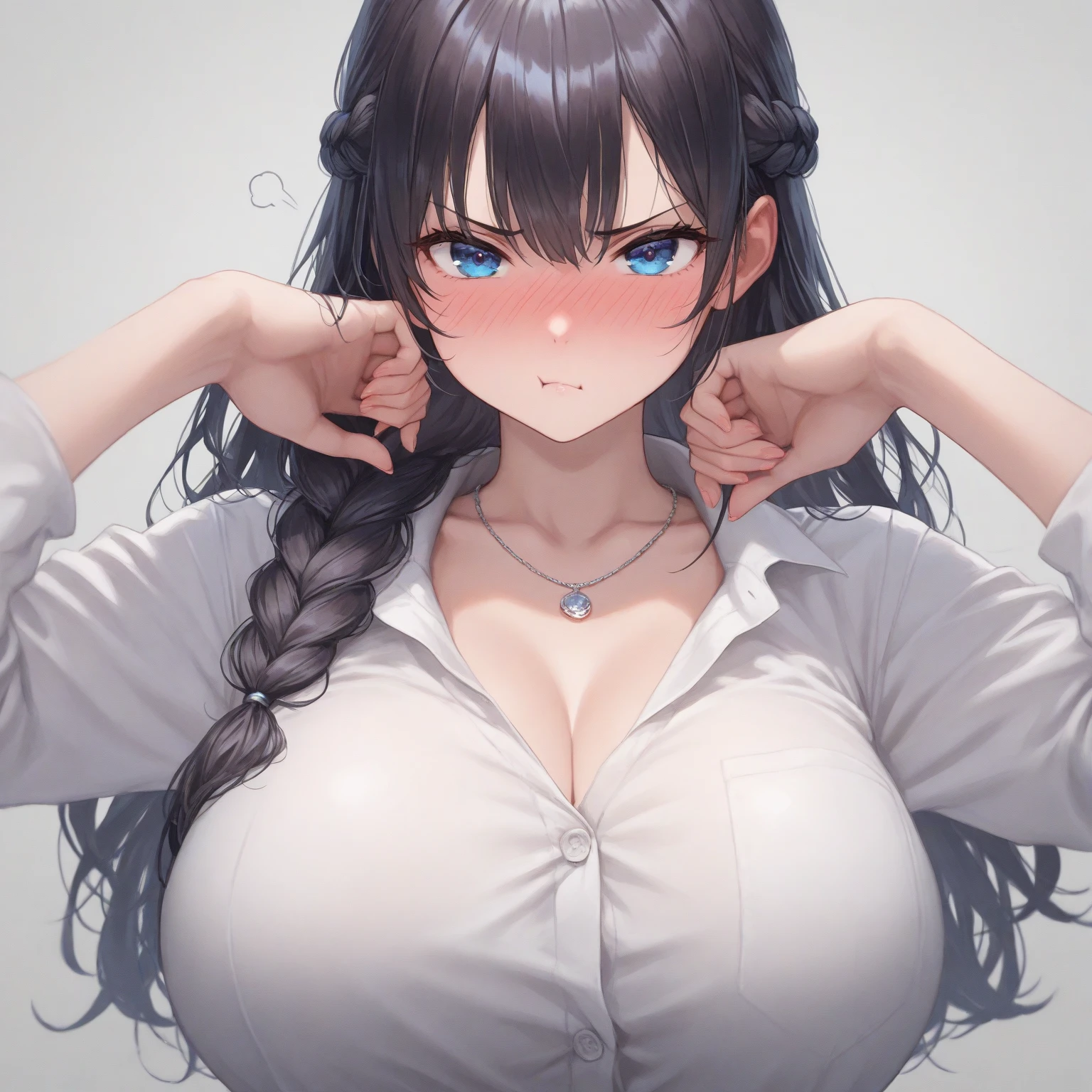A wife,Single ponytail on the side,Black-brown hair,There is a mole under the left eye,Large, full breasts,Wearing the uniform of a Japanese high school student,Clothes are tight to wear,The skirt is a little out of place,and wear no underwear,Raised ,closeup cleavage,bare-legged,orgasmc,Sperm spillage,Suck your fingers that are filled with sperm,Bend over