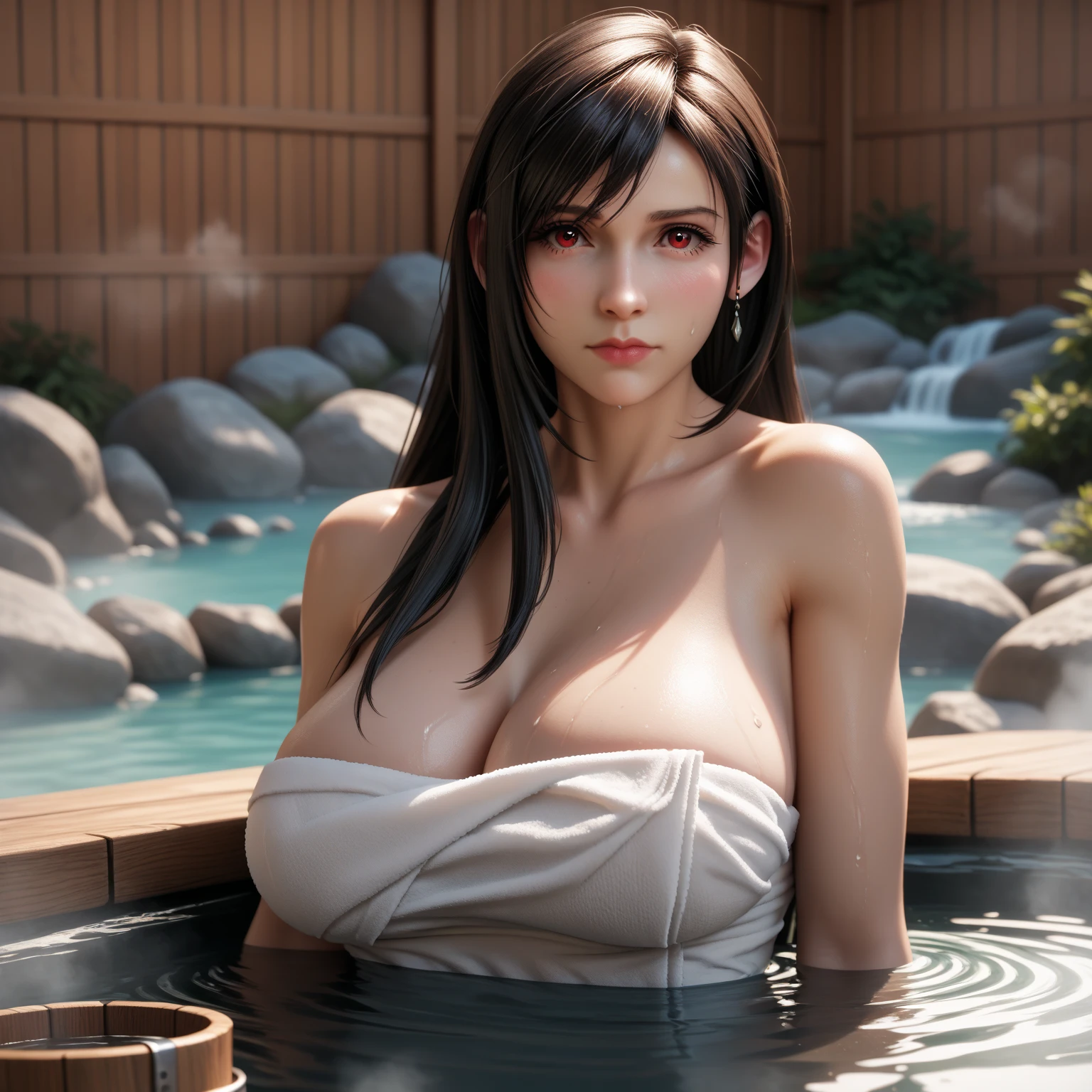 (1 Woman), (detailed faces with perfect proportions),(Naughty smile), (french faces style), (black hair with purple strandsand and complex hairdressing) , (Beautiful blue eyes) , (big breasts with little pointed nipples and little areolas) , masterpiece, realistic realism, warm sunset light, amazing beauty, top model, dynamic pose, naked full body , relaxing in a hot steamy onsen with sakura tree, gorgeous, realistic white skin details