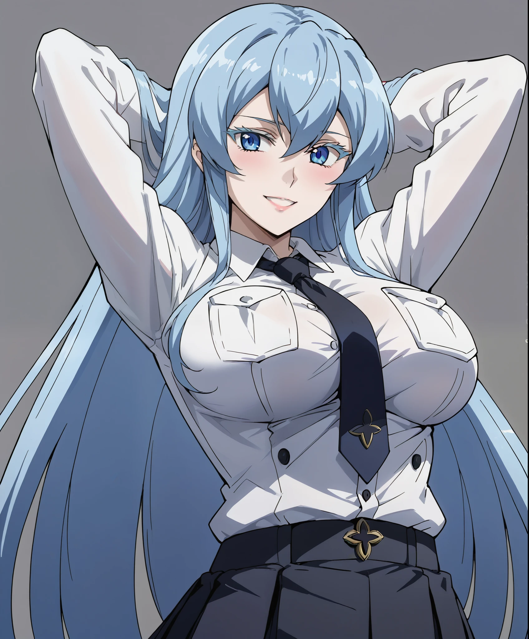 score_9, score_8_up, score_7_up, source_anime, 4K,perfect fingers,(perfect hands, perfect anatomy),prefect lighting, very aesthetic, intricate details,highly detailed background, masterpiece, high quality, best quality,
esdeath, blue eyes, blue hair, long hair, smile, eyelashes, ((Large Breast:1.5)),
wearing ((school uniform, tie, black socks, black shoes, short pleated skirt, button-up top, )),,
((Dark gray background:1.4)), ((front look:1.5)), ((arms behind head:1.5)),