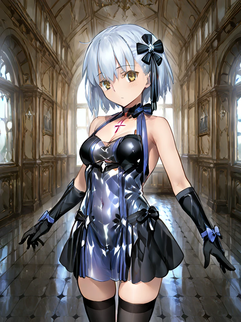 1girl,solo,(standard height),(cowboy shot),standing,(black hair:1.6),(short hair:1.2),(tiara:1.2),(blue eyes:1.2),(beautiful fingers:1.4),(perfect anatomy:1.4),(arms_behind_back:1.6),(cold_shoulder:1.2),BREAK,(blue leather lace glossy silk lamé police uniform:1.6),(blue pencil mini skirt:1.4),(latex luster shiny glossy metallic:1.6),(shiny_clothes:1.6),medium breasts,beautiful breasts,(masterpiece),best quality,(Ultra high definition eyes:1.2),8k,(Beautiful detailed eyes:1.2),(Fine and beautiful eyes:1.2),(pretty eyes:1.2),finely detail,extremely CG, absurdres,high resolution,illustration,Detailed and beautiful outlines,finely detail,high resolution,(colorful refraction:1.4,Increase saturation:1.2),beautiful lighting,dynamic lighting,closed room,black background,simple background, smile,looking at viewer,animemia,blue glove,(white Clear PVC sheets sleeves:1.6),(sheer sleeves:1.6),(see-through sleeves:1.6),(wide sleeves:1.4),(blue thigh boost:1.4)