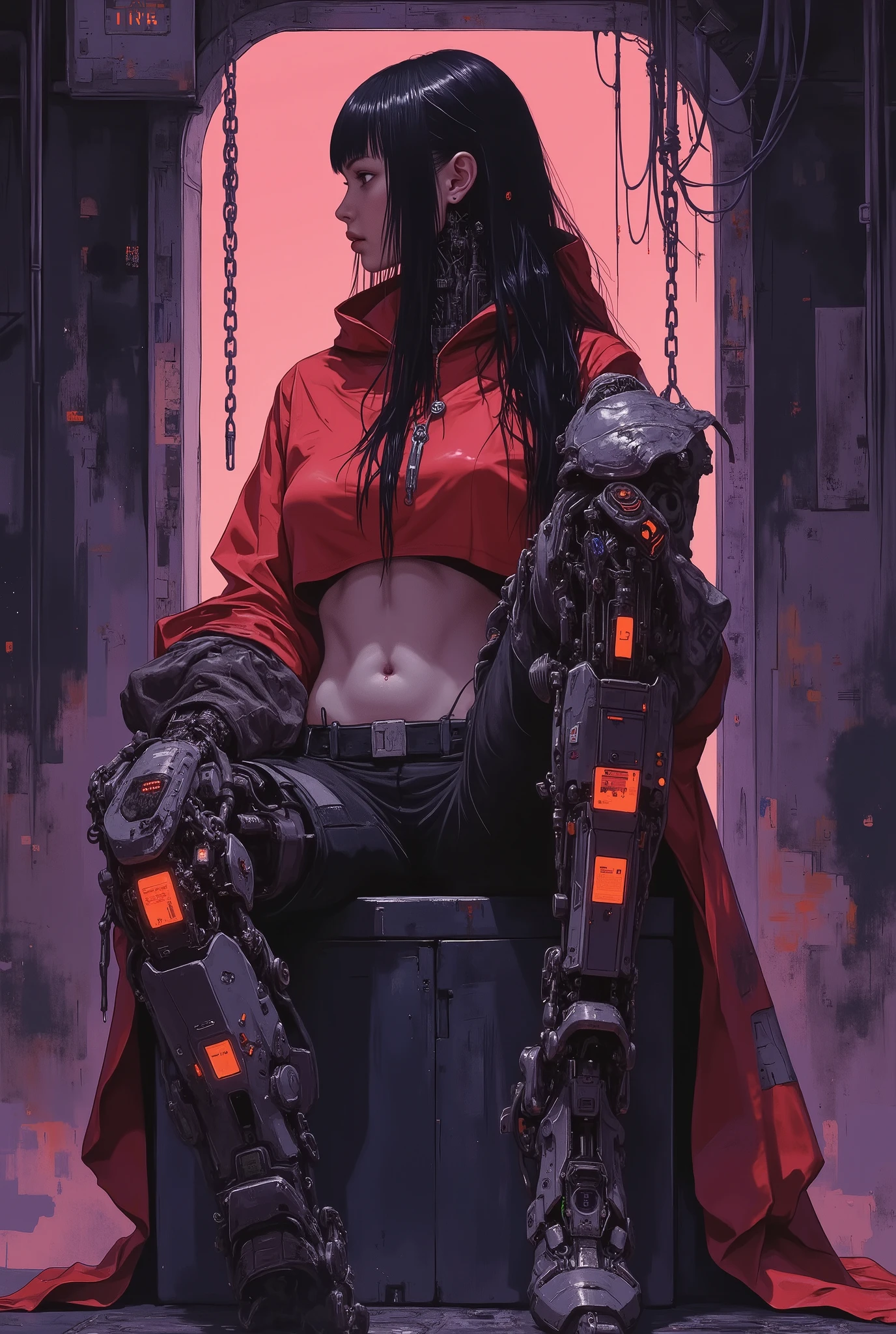 side view. a digital painting showcasing a cybernetic woman with long black hair and a slender, curvaceous figure. She is seated on a dark, weathered stool, surrounded by a moody, industrial backdrop. The woman wears a cropped red hoodie, exposing her midriff and highlighting her augmented robotic limbs. Her left leg is entirely mechanical, featuring intricate hydraulic joints and glowing red accents. The background is a blend of dark, smoky purples and oranges, with chains hanging down, adding a sense of confinement. The scene is lit dramatically from the front, casting shadows and emphasizing her cybernetic elements. The camera angle is slightly low and to the side, capturing her contemplative expression.
