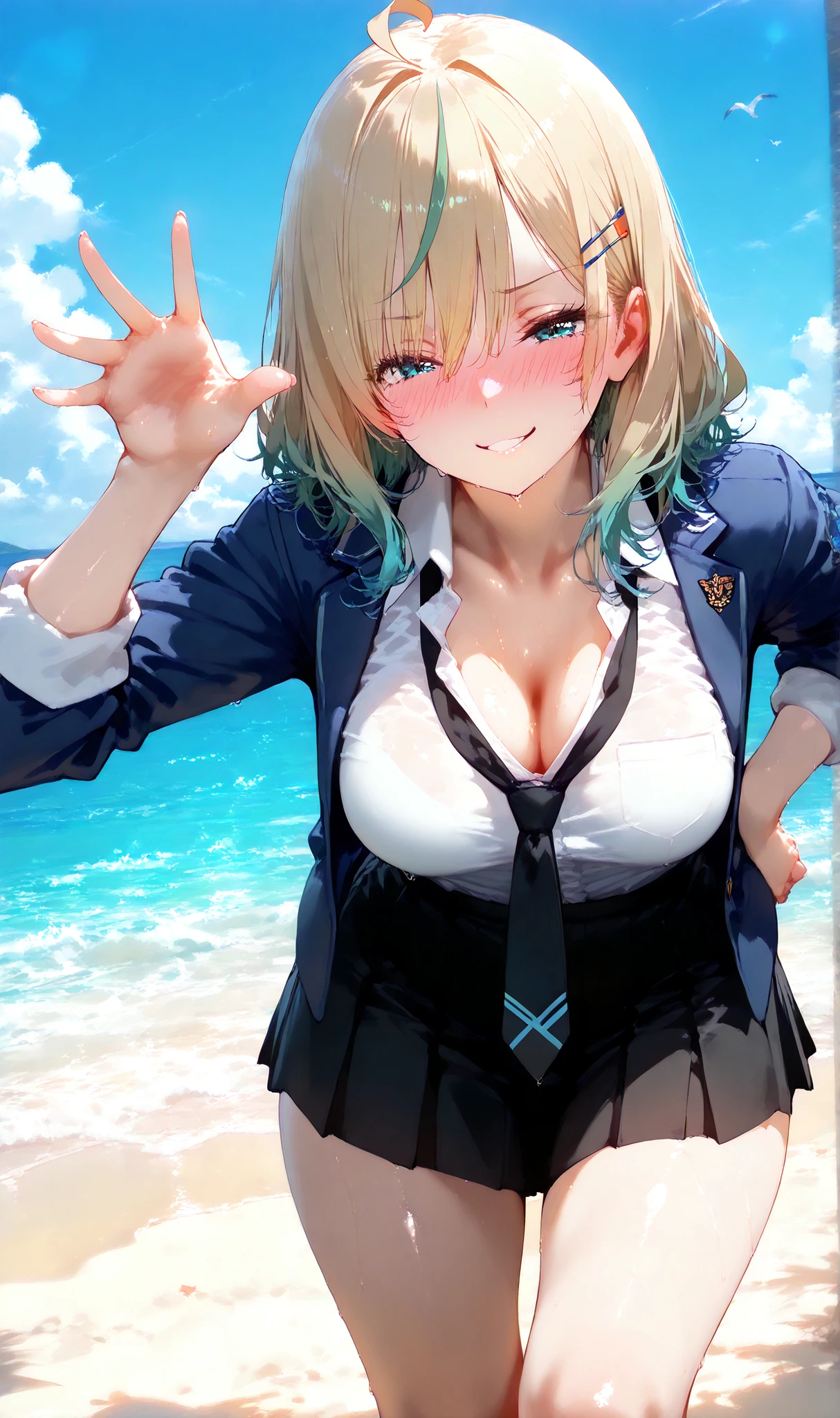 ((super high quality,Ultra-high resolution,16K,super masterpiece,Ultra HD,Ultra high definition:1.3,))One Girl,(Blonde:1.5,Short wavy hair:1.3),Short Side Ponytail,(Butterfly Shape,Black and purple hair band:1.4,)Emerald eyes,Cleavage,sexly,((The chest is open,tight,Light pink,Sweatsuit:1.5,))(popped collar,tight襟,Large collar,Open from neck to navel,Fine zipper:1.3,)(light blue butterfly necklace:1.2,)To the camera,Smiling happily,Close one eye, V-sign with one hand,Place one hand on hip,leaning forward with her body angled forward,sweating all over,Angle looking up from below,a blue sky with clouds and sun,Water splashing from the side,