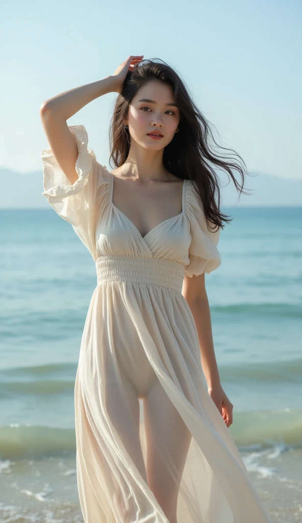 blonde woman with blue eyes facing front (white dress) (hands behind her head) on a beach