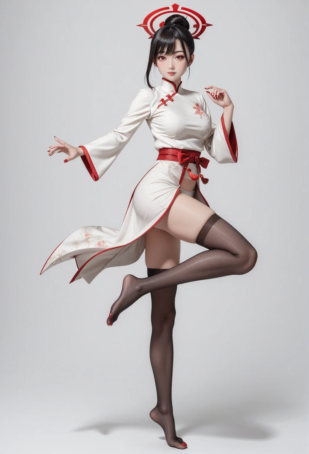 Japan pretty girl, (Real, Hi-Res: 1.4), 1 girl, (natural light), (more face, more hair, more skin), (middle chest), (open mouth: 1.1), big eyes, slender, leg, mid-waist, full body shot,(white belt:1.2), (red leotard: 1.1),(black pantyhose),spread arms,standing