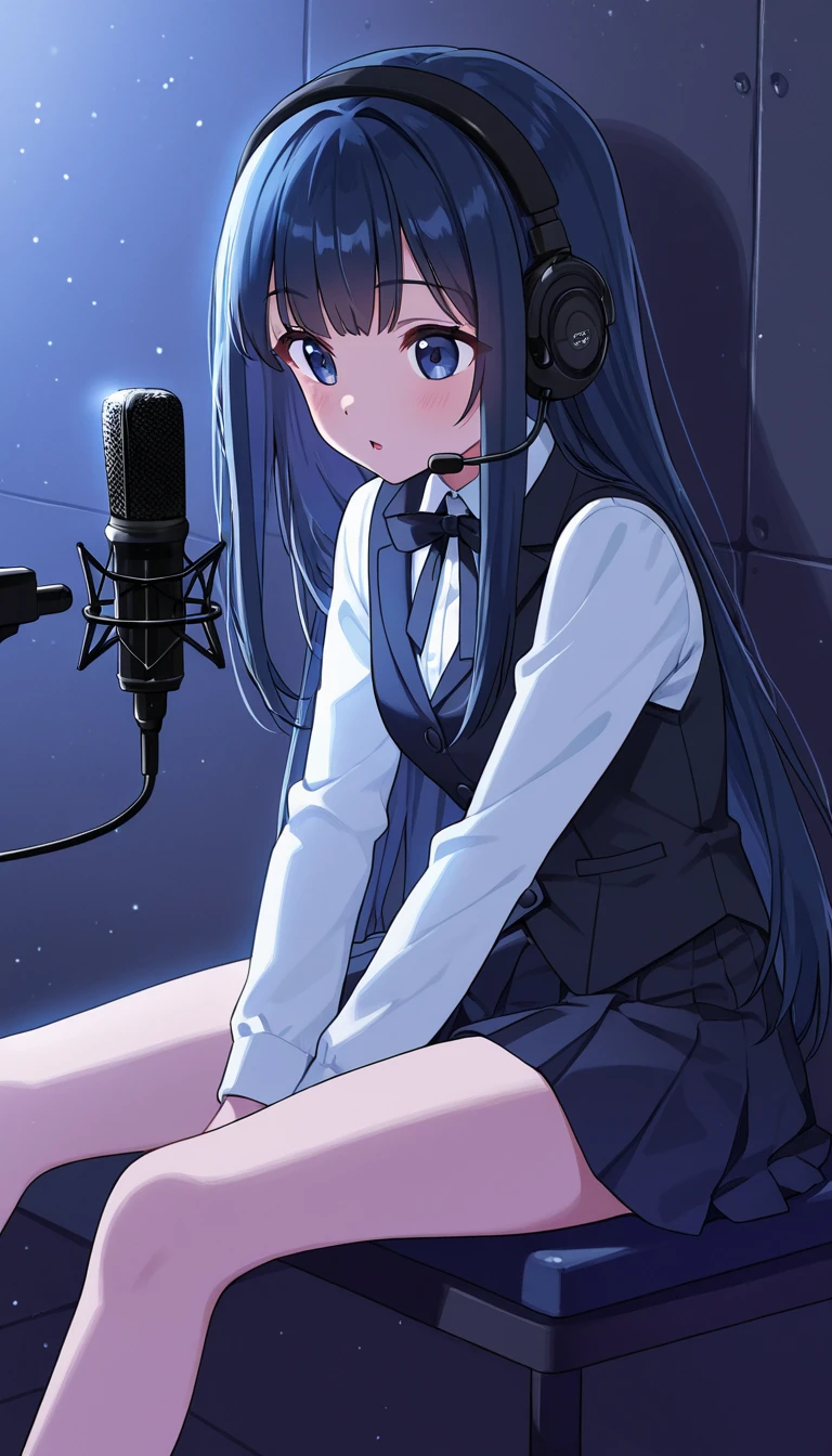[(masterpiece: 1.1, highest quality: 1.1), Shy high school girl in uniform, emphasize, , Sheer,sailor suit　blue mini skirt　White knee-high socks　garter belt　swollen chest　Black Bob Cut　beautiful black eyes　Sitting in a luxurious looking black office chair　leaning on the backrest　legs crossed　Blue ribbon　I have black headphones on my head　I rest my arms on the armrests　looking proudly at me
