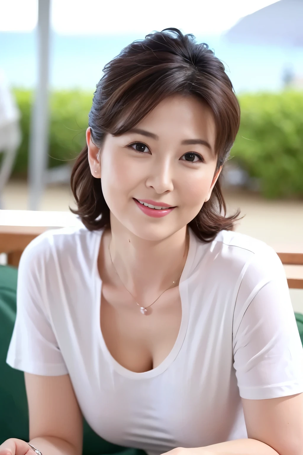 beautiful woman、Beautiful mature woman 、Elegant sex appeal、 Sexy、 perfect lighting 、 beautiful woman with a sense of transparency 、8K High Resolution、 and high precision、 masterpiece、gravure quality、Big breasted mom、Sandy Beach、T-shirt with wide open collar