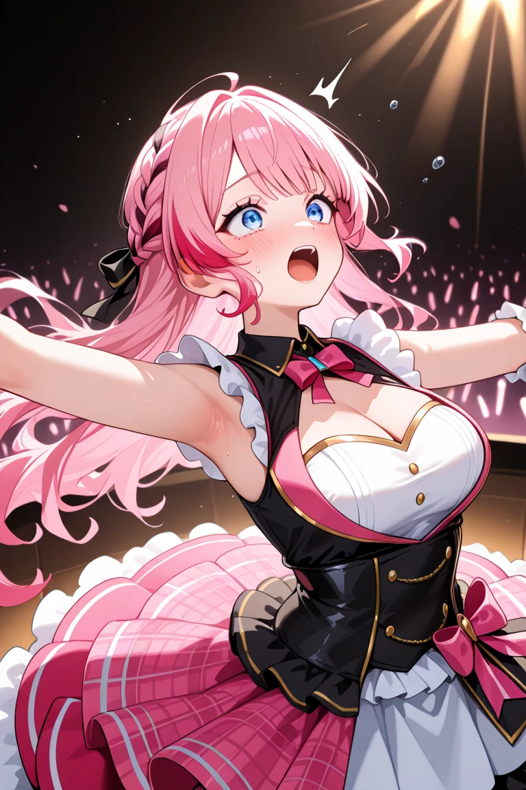 ((masterpiece、Highest quality))cute、My Favorites 、alone、Idol、Pink Hair、Fatty、Ponytail Style、Long Hairstyles、Green Eyes、Pleated skirt、smile、sight、Red cheeks、cuteポーズ、Cleavage Emphasis、Small breasts、Cabaret Club、dress、ake、Drunk