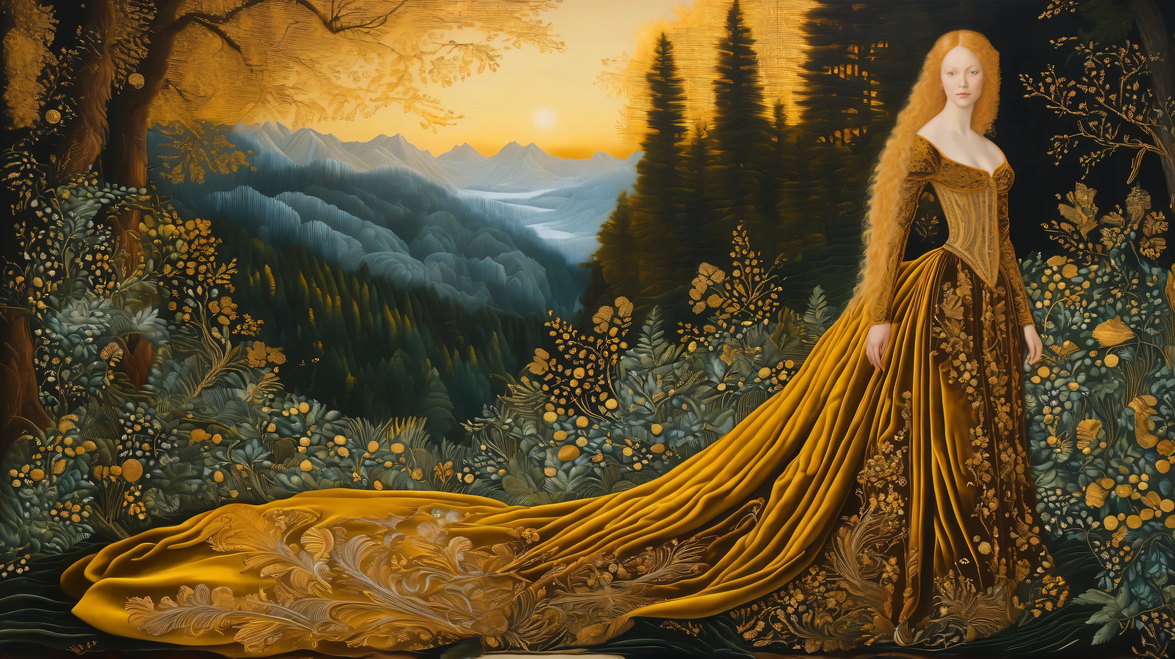 Golden hour forest landscape, velvet, embroidery, renaissance, lucas cranach oil on wood, oil on canvas, hyperdetailed, swirling flowing golden velvet dress and golden hair, whirlwind of golden sunlight and gold velvet