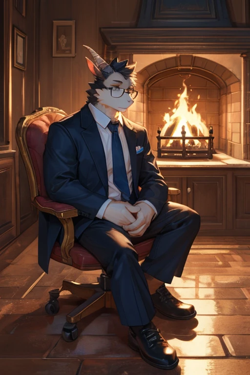 {{bara extremely handsome white tiger,}} {{white fur,}} white, wearing military like purple trench coat, purple trousers, white dress shirt and necktie, white fluffy furry body and limbs, loafers, very tall, very broad shoulders, narrow waist, muscular arms, massive pecs, purple eyes, very long legs, sitting on swivel chair with legs spread, from below perspective, massive bulge, sophisticated hot look, sexy pose, full body, sunlight casting over, 3/4 view, best quality, high quality, silver earring on left ear, sultry smirk
