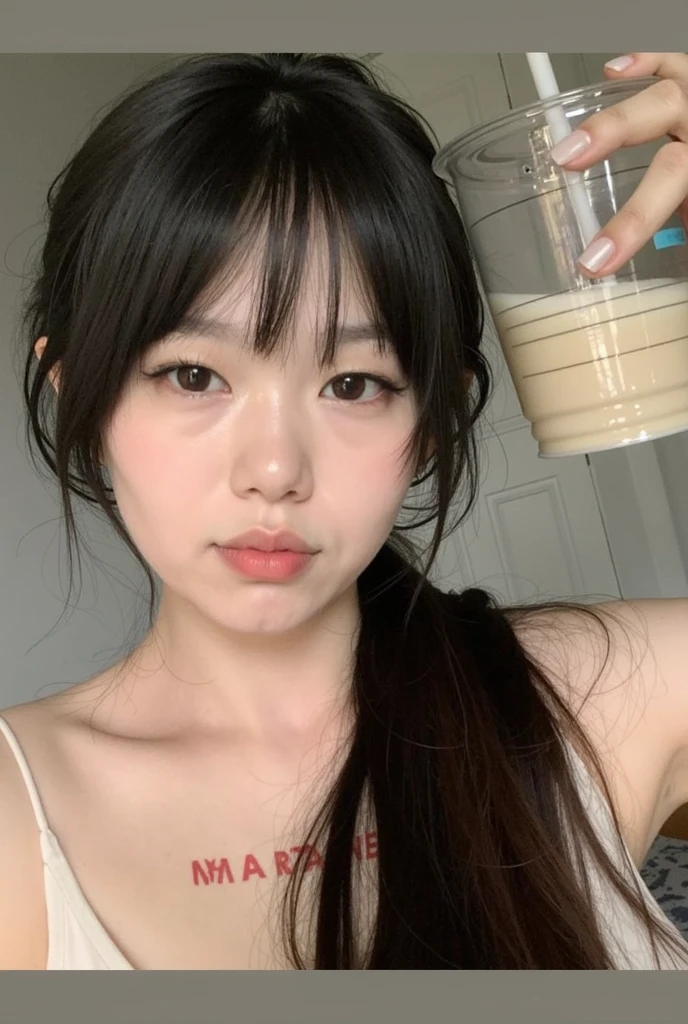 1girl , 30 years old , selfie , cum face , naked ,((drinking glass of milk)), full face,