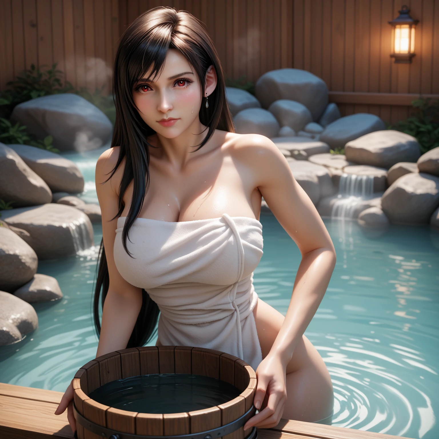 The best quality,8K Ultra Clear,A girl,largebreasts,White long hair,Delicate and realistic facial features,get blush,big eyes,The white shirt is soaked,body curve,Looming,bare leg,bare foots,bathing room,Authentic skin texture,Hazy water mist,