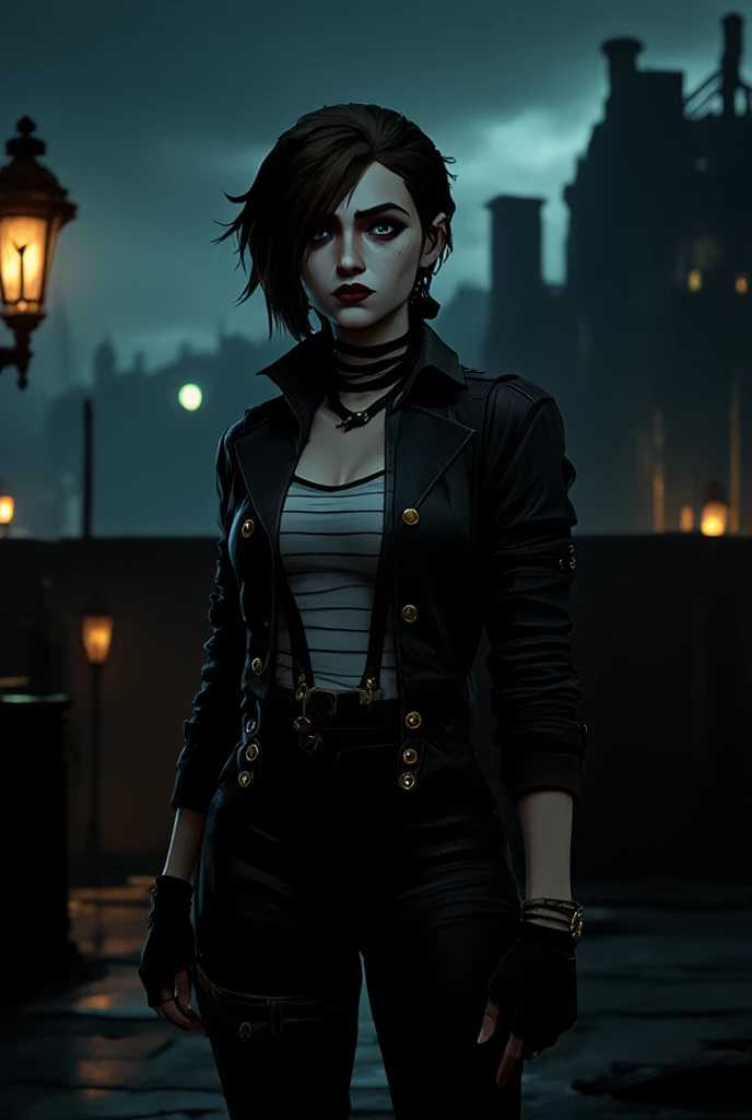 a woman in a black outfit holding a gun in a dark alley, stylized urban fantasy artwork, gothic city streets behind her, game cg, seductive cyberpunk dark fantasy, witcher)), dark fantasy digital art, grimdark steampunk fantasy, steampunk digital art, fantastic screenshot art, dark but detailed digital art, vampire the masquerade, urban fantasy style, dark volumetric lighting