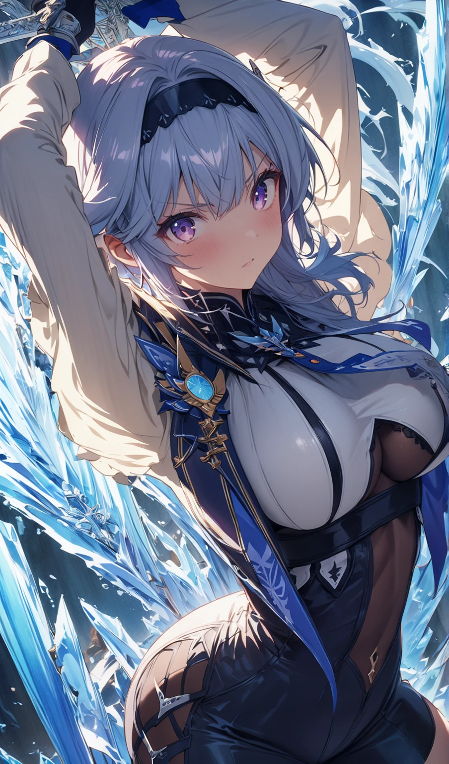 Beautiful girl, ice, fantasy, magic, abs, big breasts, cleavage, sexy,