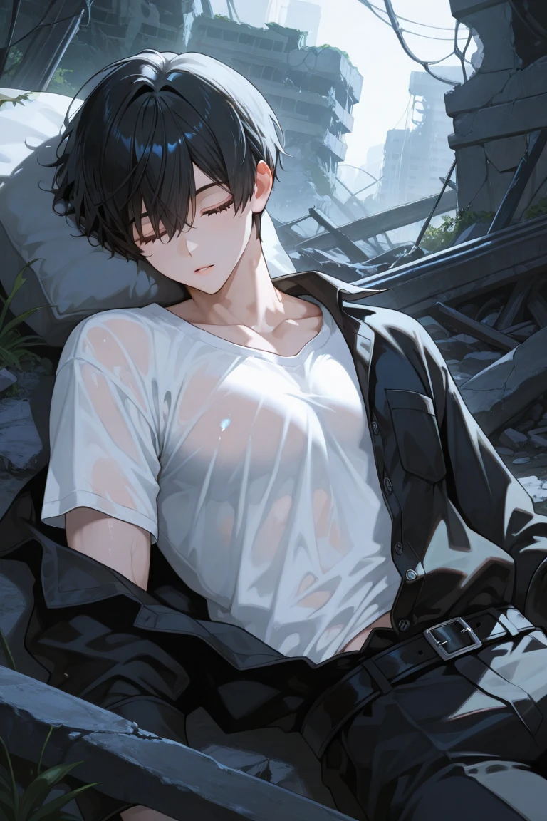 masterpiece, best quality, ultra detailed, (solo man), (male focus), ((Oblong face)), ((Square jawline)), black hair, ((hairs between eyes)), ((shoulder length)), ((narrow blue eye)), fair skin, skinny body, beauty mark, sitting on bed, {uniform, outfit, clothes}, Parka