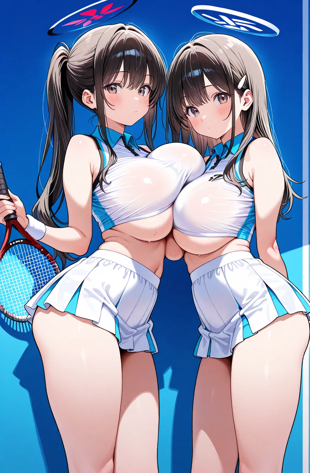 NSFW, ( 5 milf idol girls alongside ), comic magazine cover, multiple girls, 18-years old, Looking afar, Stadium fields and tracks,leotard,running,runway, (sportswear combination leotard:1.4), bared chest, (Big breasts), (glad:1.3), ( Tuck Up Sportswear:1.7 ),(thong panty:1.7 ), Open cloth ,Even before shooting,