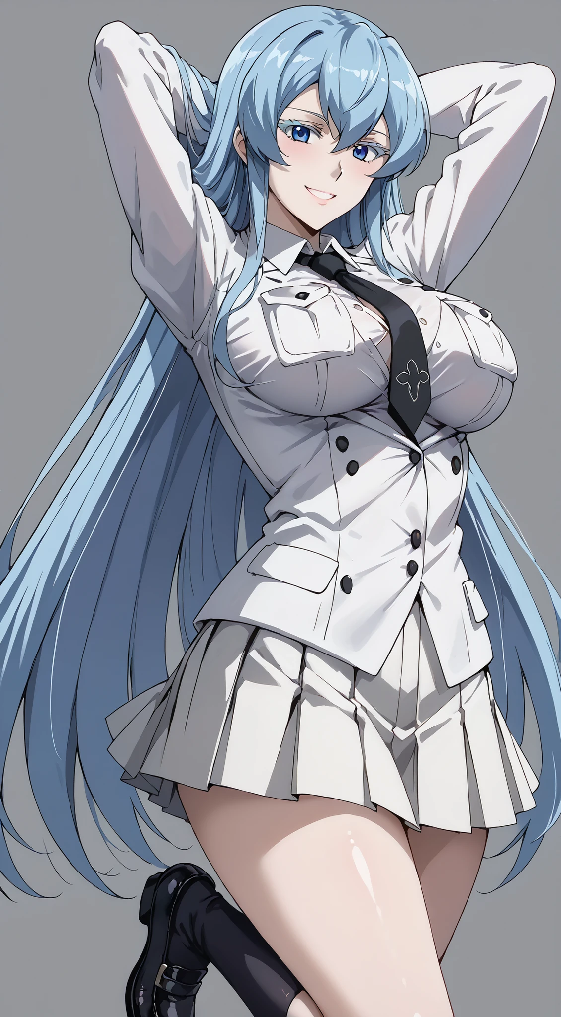score_9, score_8_up, score_7_up, source_anime, 4K,perfect fingers,(perfect hands, perfect anatomy),prefect lighting, very aesthetic, intricate details,highly detailed background, masterpiece, high quality, best quality,
esdeath, blue eyes, blue hair, long hair, smile, eyelashes, ((Large Breast:1.5)),
wearing ((school uniform, tie, black socks, black shoes, short pleated skirt, button-up top, )),,
((Dark gray background:1.4)), ((front look:1.5)), ((arms behind head:1.5)),
