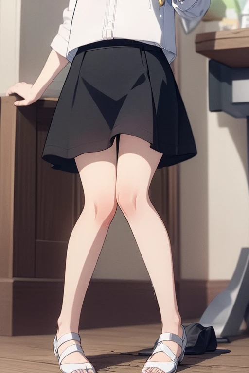 1girl in, lightsmile, Shiny skin, Best Quality, masutepiece, (Game CG:1.4), Detailed beautiful face and eyes,爆乳、Lingerie with a small area, Sailor Mercury, I could feel the battle, Serious, Cowboy Shot、爆乳、、、Solo, (Curve:1.1), looking down to viewer, Smile on his face, ((From below:1.5)) Looks Back, ((Leaning forward)), seen from back, , lip stick, makeup, Ultra Detail Hair, ultra detail face, (Purple eyes:1.05), Perfect eyes, Perfect face, earrings, (Confused, blush:1.2), , (black thighhighs, Garter Belt:1.1), zettai ryouiki, , high-heels, (Large breasts:1.1), cleavage, Big ass, thighs thighs thighs thighs, Show panties, ((From the hem of the rolled up skirt to the crotch))