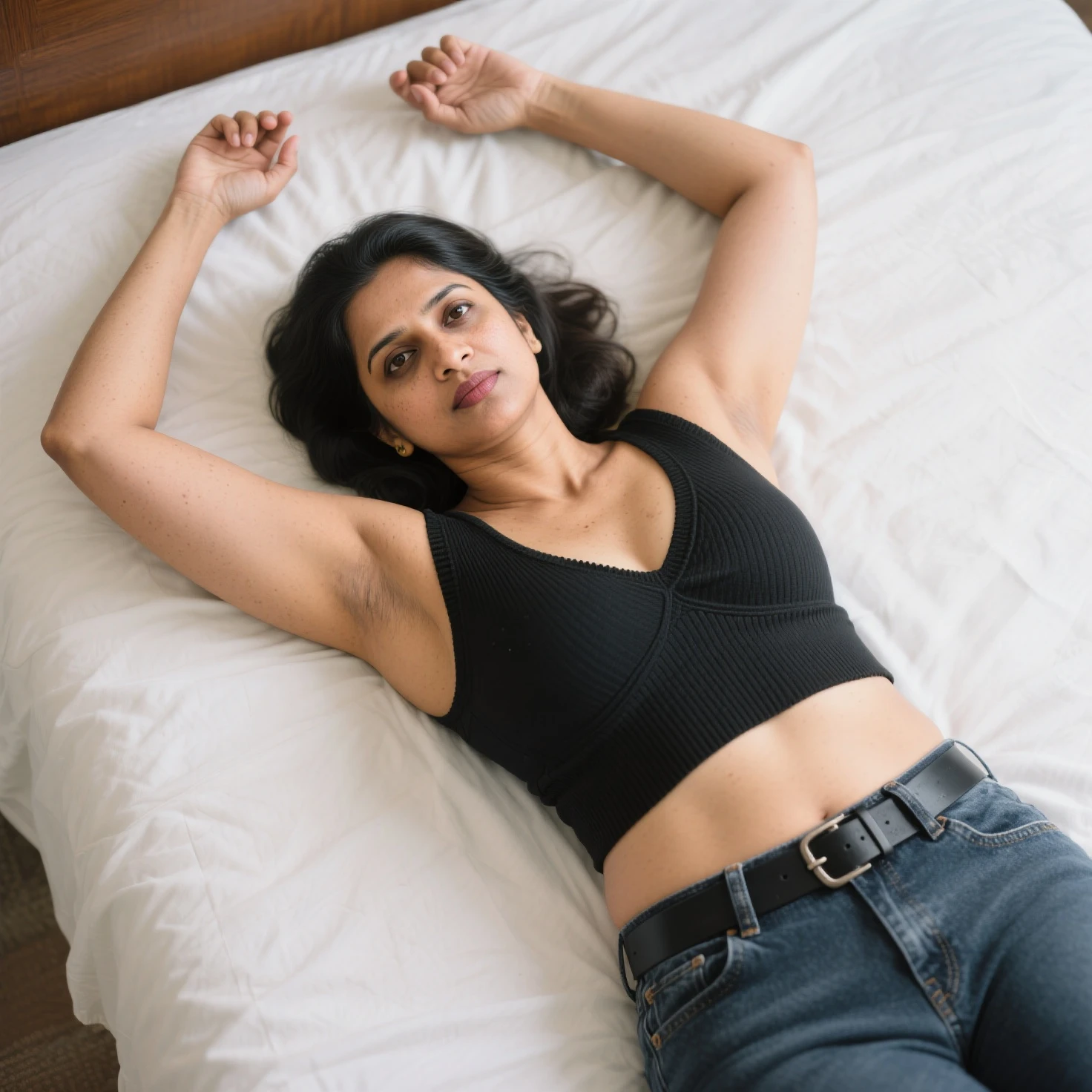 Cute Filipina,Young adult woman,black framed glasses,seductive smile, one person,facing this way,Raise your arms and see your sides,Glamour,wearing a black tank top, wearing denim shorts,messy bun,full body composition,lying down with back on the bed surface,mole on right chest,big chest,butterfly tattoo on left collarbone,tattoo on left arm