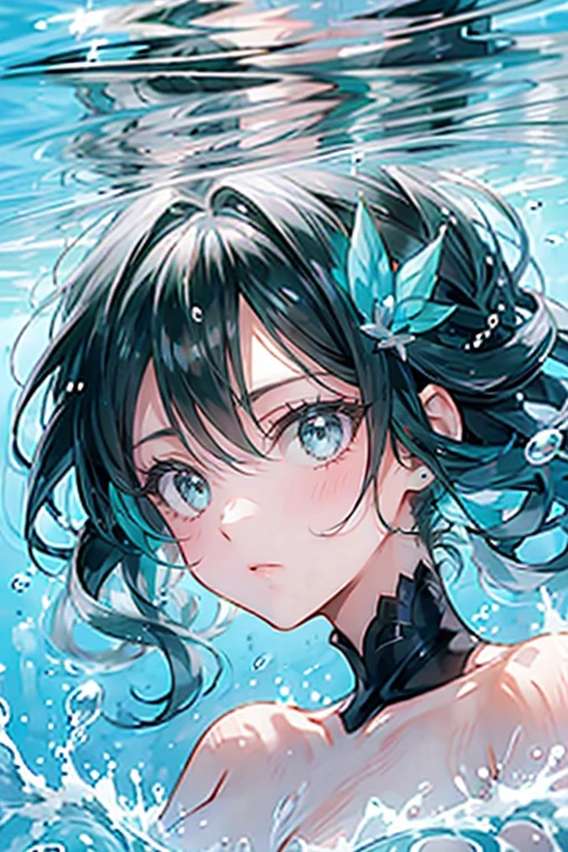 masterpiece, best quality, high quality, extremely detailed, very delicate and beautiful, (2female 18 years old two:1.3), (long black hair up to waist with two side up:1.4), bangs to eyebrows, eyes (1.4), (long black hair, two-side up to waist:1.4), (forelock to eyebrows), (eyes sharp and strong, glossy glossy eyes, eyebrows glossy: 1.3), (eye color magenta: 1.3), 6.5 head height, (summer flower print in bikini swimsuit: 1.3), (swimming: 1.3), (dynamic pose), (background deep sea underwater: 1.3), (upper body:1.3)