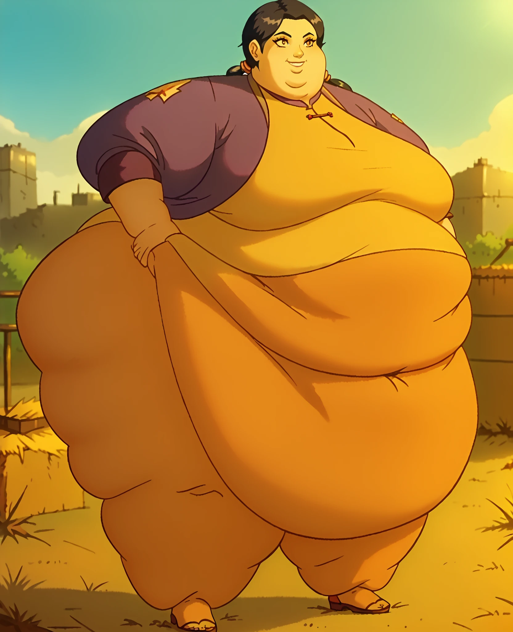 solo, (masterpiece:2), (high quality), (high detail), (natural light), alphys, girl, obese, fat, (fat rolls), standing, wet, sweaty, (big belly, hanging, fat, fat rolls, massive)