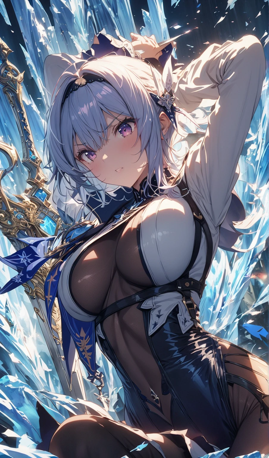 (Highest quality、High resolution、8k、masterpiece)。Look away、Open your mouth、Pink Eyes、Silver Hair、Heart shaped pupil、teeth、tongue、tongueを出す、（Original Character, (1 Girl)、Perfect Face、((short hair:1.2))、(Hair above one eye:1.3)、[[Disheveled Hair]]、Detailed eyes that shine、Light and shadow、Glowing Skin、 (Curvy but slim), ((High angle shot))、Sexy look、Use something sexy、（background：Remains）Full body、bracelet、necklace、Rough Fashion、Disheveled clothes、Oversized clothes、Follow the Silver Wolf、