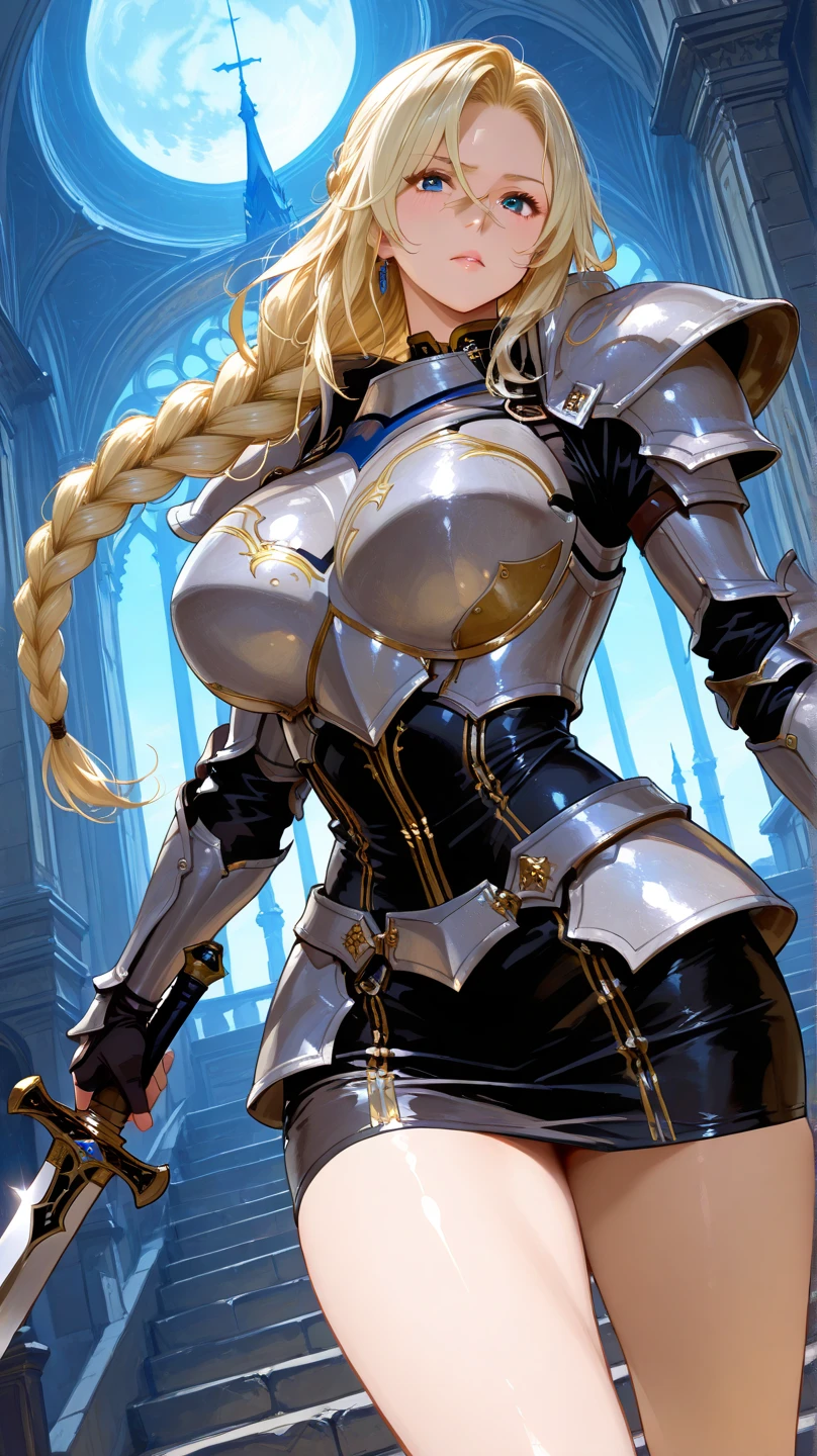 realistic, hyper detail, girls only, Height: 176cm, 25 years old, dynamic lighting, ((Bold imaginative poses)), (Glossy skin: 1.5), table top, top quality, disorganized, Audience, ((blonde hair)), (shoulder-length hair,Braided hairstyle), Beautiful deep purple clear eyes, fine eyes, jewel-like eyes, colorful eyes, sparkling eyes:1.3)), thin, High resolution, sharp focus, Depth of bounds written, eye for detail, clear eyes, (realistic eyes)), outdoor, Sunrise sky, (Dressed in silver armor with intricate patterns: 1.3), ((D cup upturned breasts, Moderate abs, toned big buttocks))