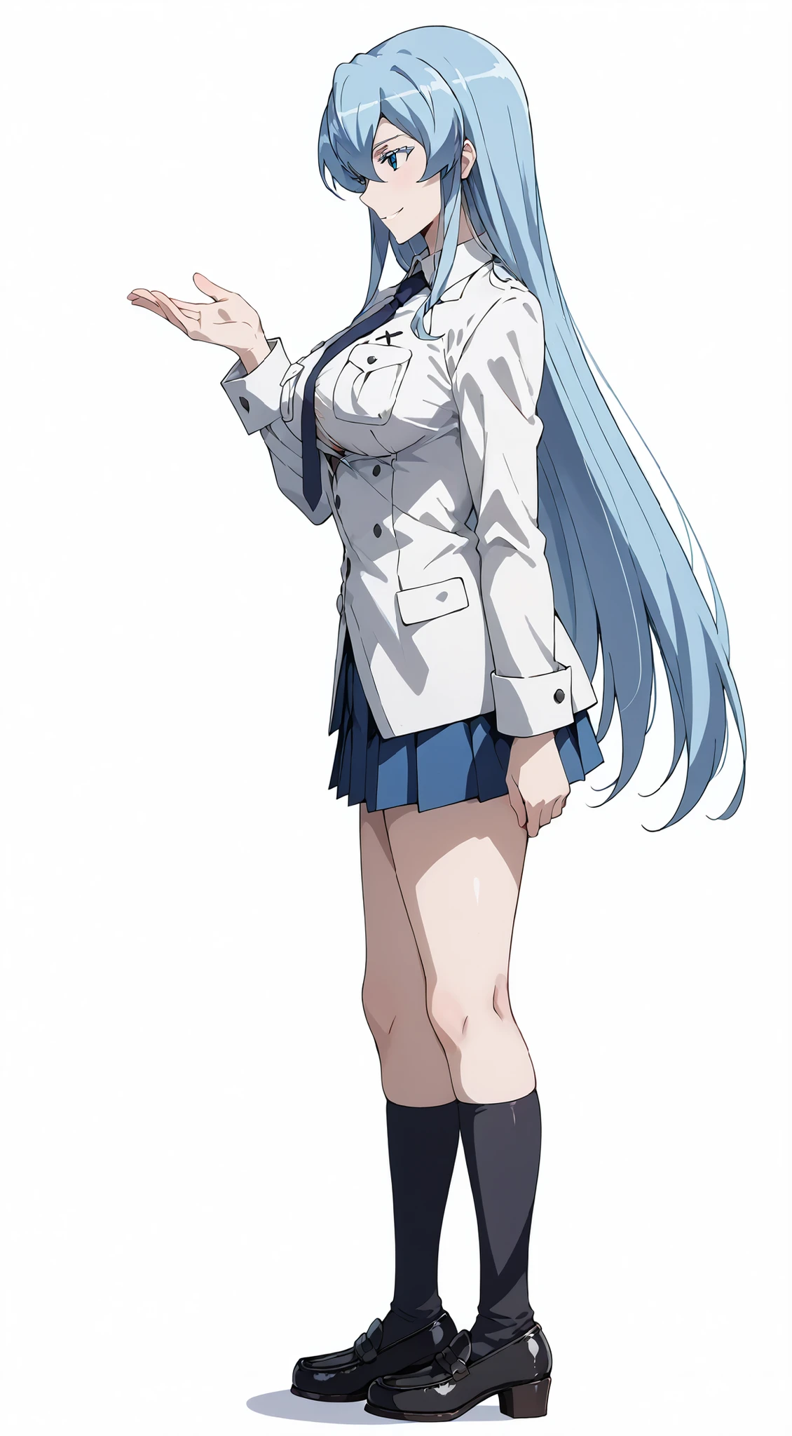 (Masterpiece:1.2),expressive eyes, perfect face, beautiful blue eyes, blue hair, very long hair,((1girl,solo)), Esdeath (Akame ga Kill), anime office art style, large breasts, vibrant colors,full body shots, ((jacket,gym short )),background streets night time
