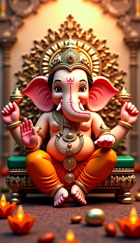 /imagination information Indian god ganpati, Ganesh, ( realistic ultra quality:1.3) goddess, dress Indian God Ganesh, satting hade elephant cuteness color oil realistic ultra quality, goddess, eyes big realistic ultra HD, looking face viewer , satting walking moon two lage in finger and two arms, (arms details one hand right blessing style all viewers, background magic, back hade sun magical graphical lighting round, side in rate cuteness, 8k ultra quality, side in animal rate, (details right and left lages finger realistic ultra quality