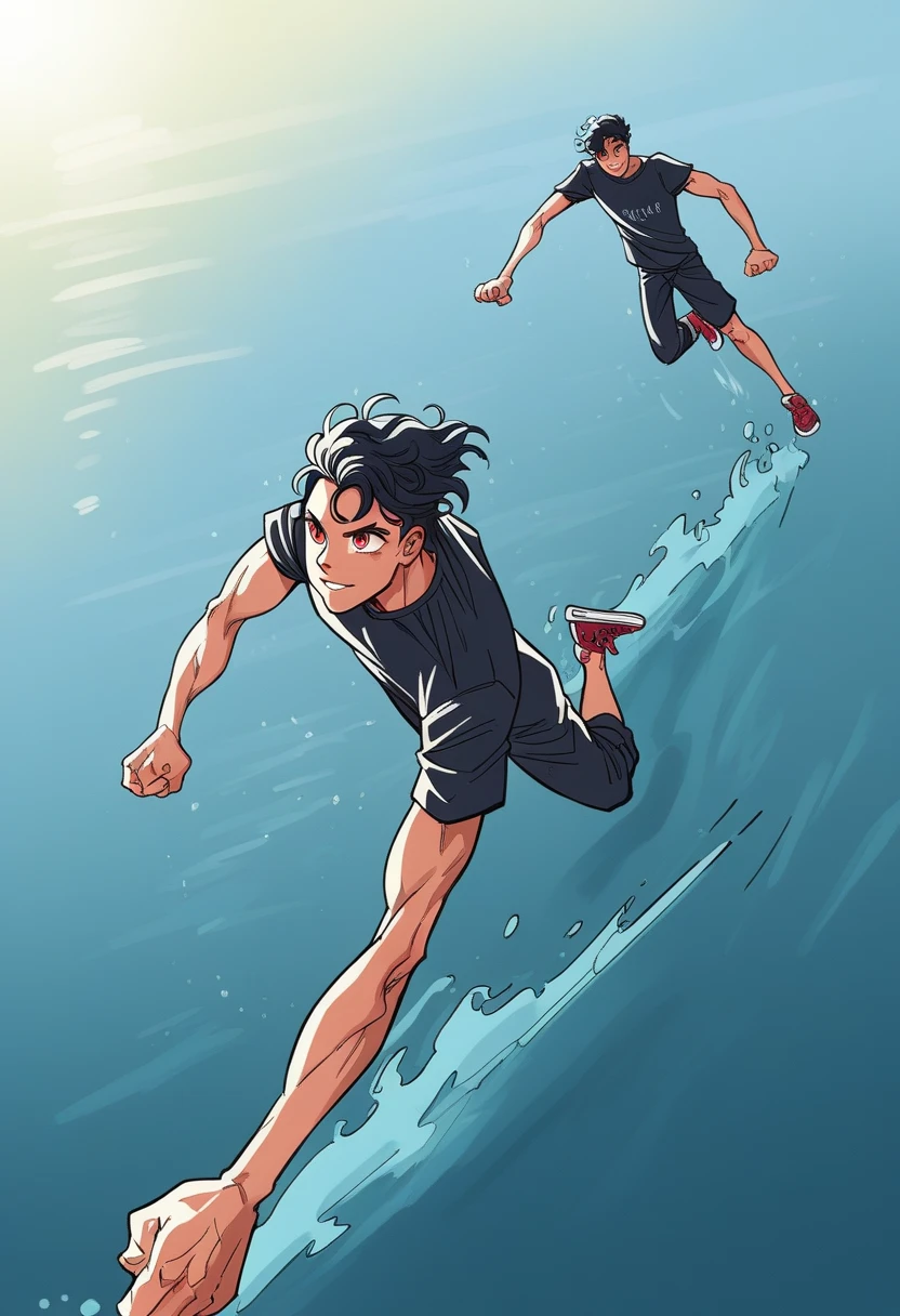 ((masterpiece, best quality, extremely detailed, highres, 8k, detailed face)), juvenile４People surfers、Depiction of the whole body、Black short hair、High School Students