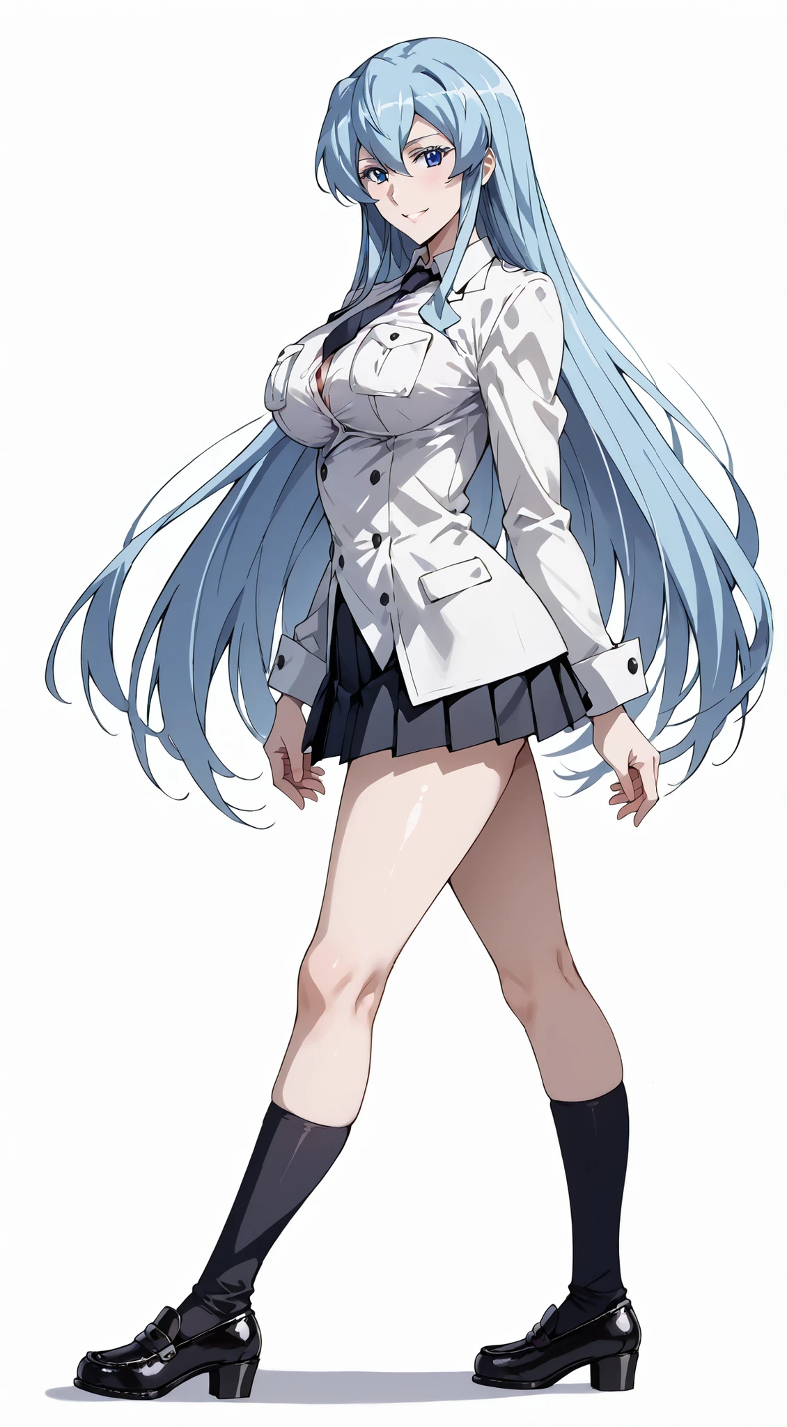 score_9, score_8_up, score_7_up, source_anime, 4K,perfect fingers,(perfect hands, perfect anatomy),prefect lighting, very aesthetic, intricate details,highly detailed background, masterpiece, high quality, best quality,
esdeath, blue eyes, blue hair, long hair, smile, eyelashes, ((Large Breast:1.5)),
wearing ((school uniform, tie, black socks, black shoes, short pleated skirt, button-up top, )),,
((White plain background:1.5)) ,((front look:1.5)), ((full body photo)), ((Side View:1.2)), ((looking at viewer:1.4)),