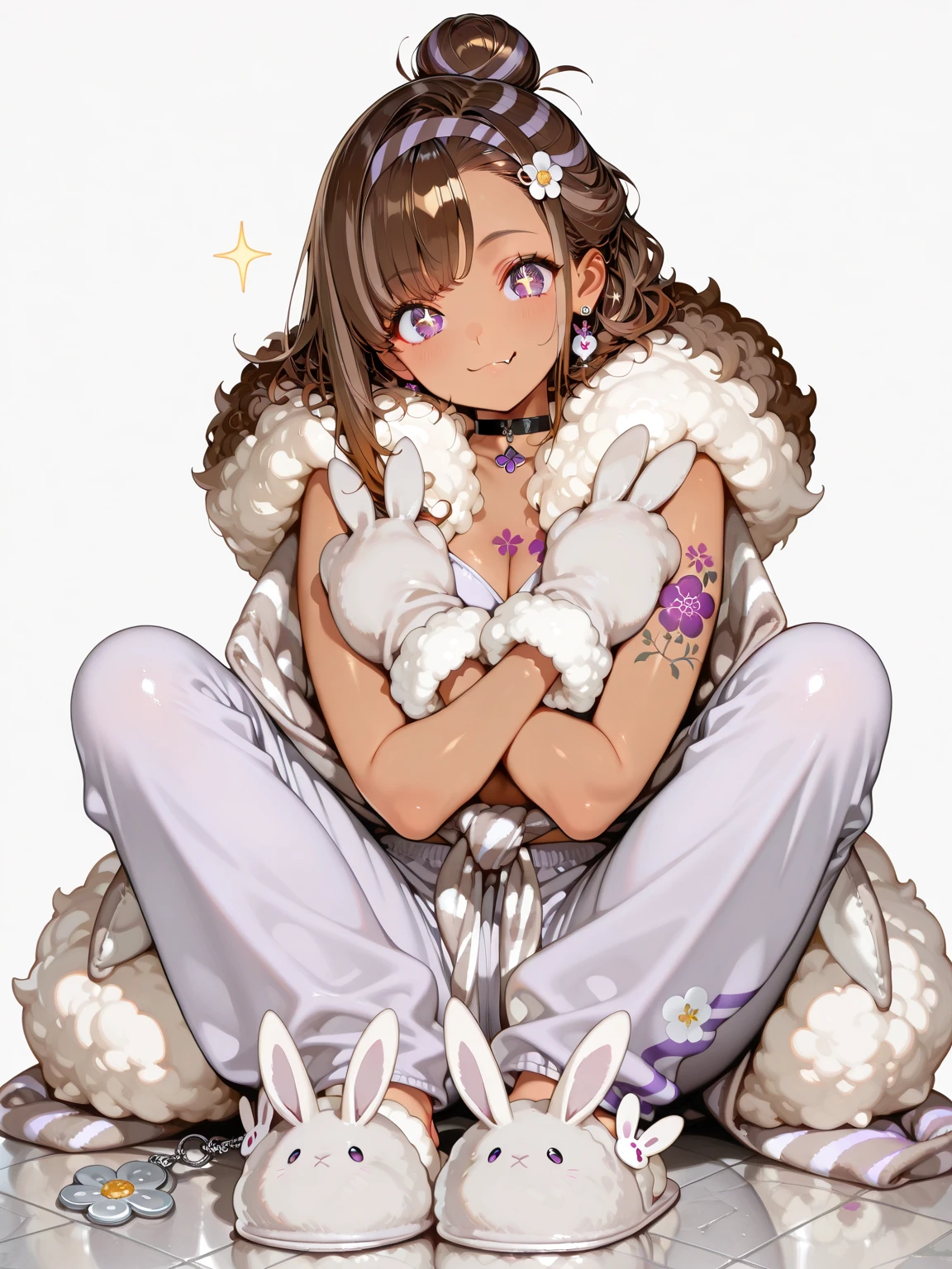 Ochaco Uraraka, 1girl, anime, hair cafe, short hair, sexy, big aass (best quality: 1.3), (4K quality), best quality, high resolution, detailed, (detailed face: 1.2), (detailed eyes: 1.2) , (Figure perfect: 1.2), looking at viewer, (1 girl), boku no hero academia, rabbit ears, woman)), sleeveless, white gloves, white leotard, fur collar, purple thighs, white background, leotard white, mirko costume, big ass, back