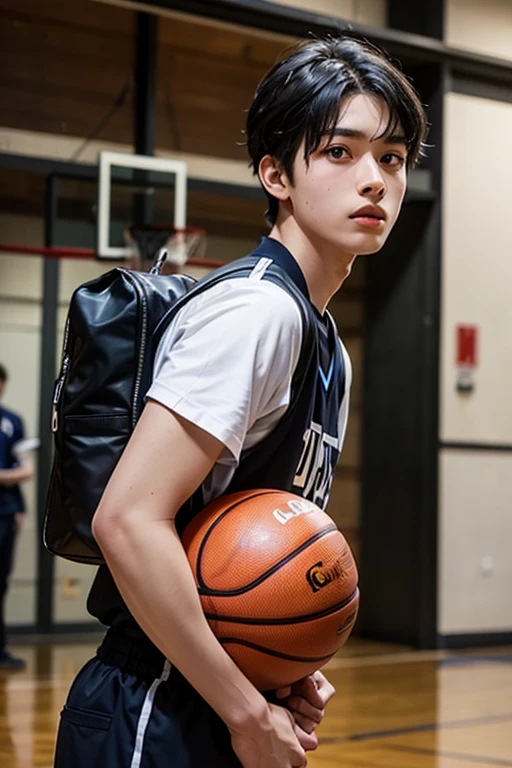 The  smiled,Holding a basketball, Being in the room  side eye view, room、boy、Father standing、見上げるboy