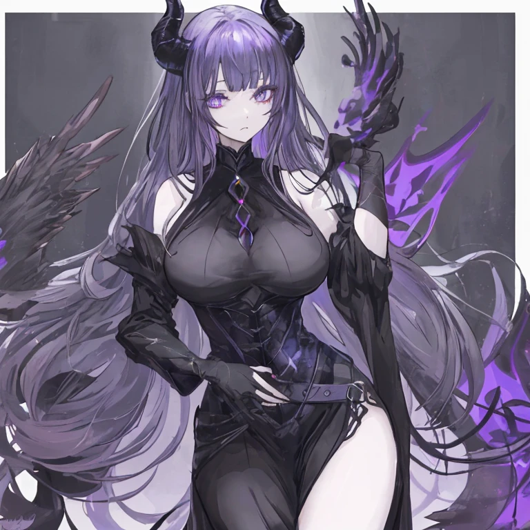 Highest quality, masterpiece, Ultra-high resolution, female、Big Breasts、Fox Beastman、tail、Darkness Fell、Darkness attribute、Sick Heart、Black purple hair、Sick face、Negative aura、Ready your spear、Food、Strange line tattoos all over the body、scars