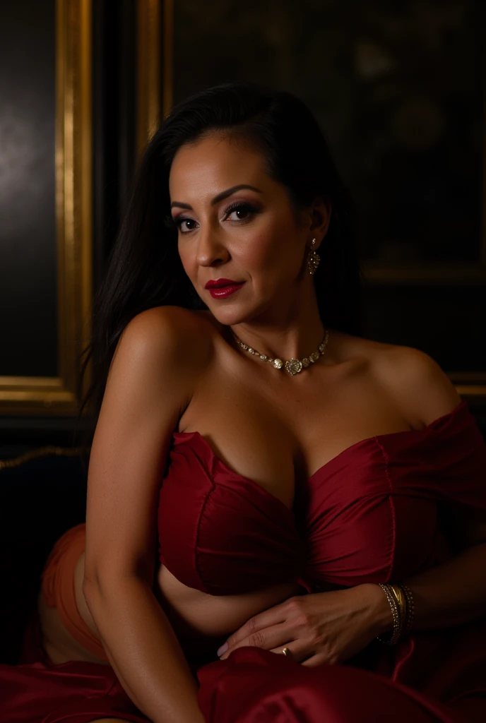 super realistic photography Portrait of beautiful 60yo wrinkled Persian milf, busty , body posing, orgasm face , wearing decorative red mesh lace translucent bodystocking set, masterpiece, cinematic shot , heavy makeup for eyes and lips , red lips